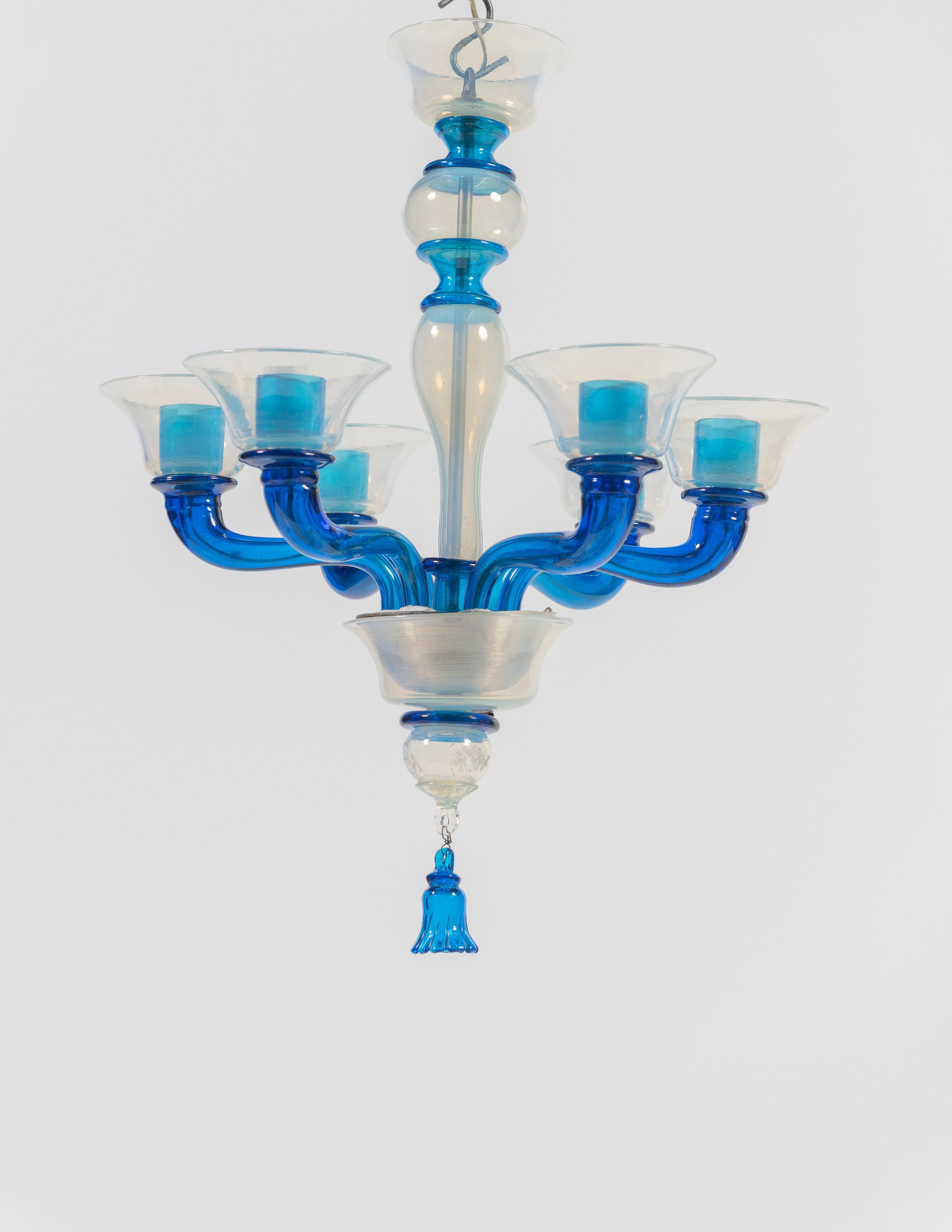 1950's Chandelier, Attributed to Venini, with Blue Iridescent Blown Glass For Sale 5