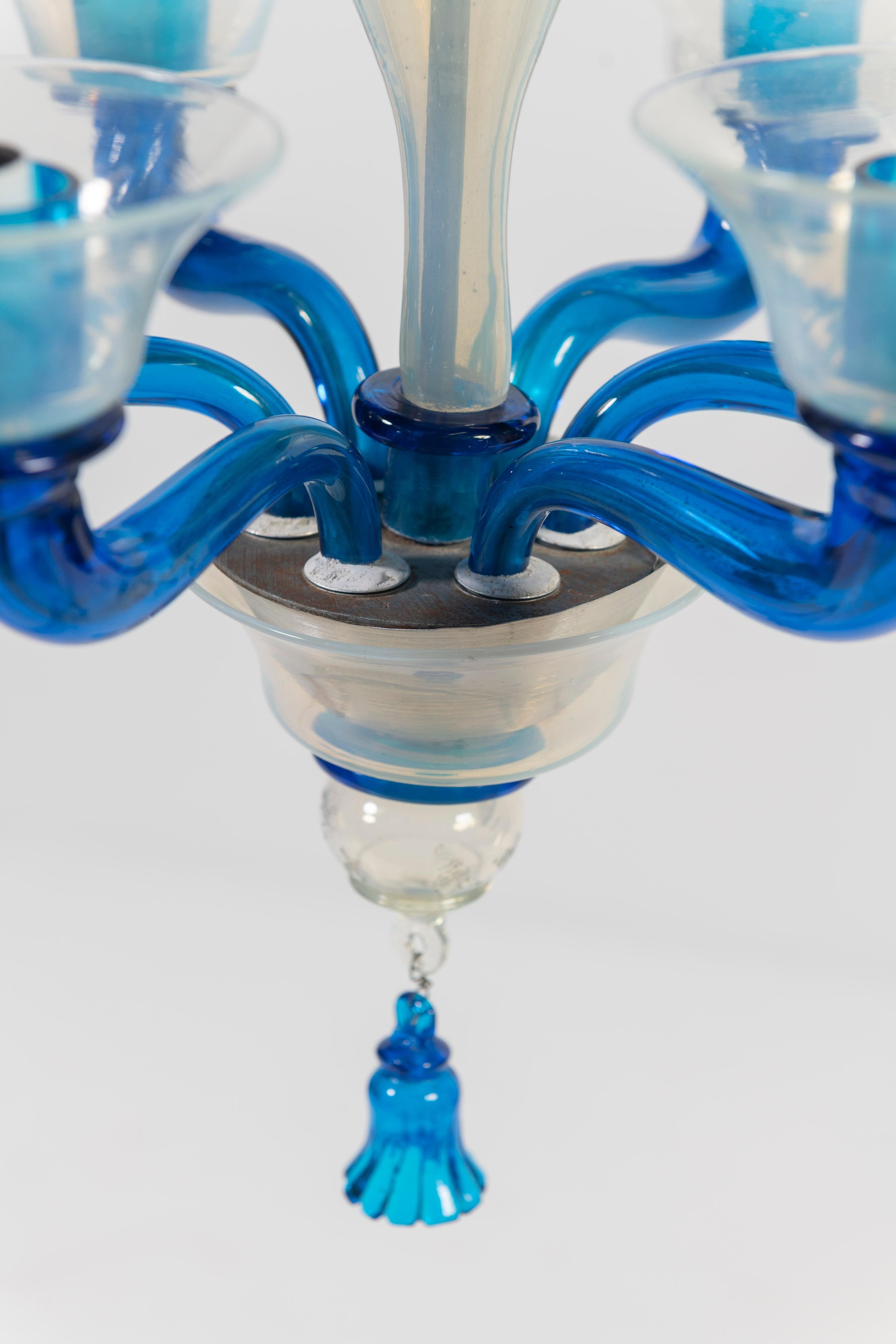 1950's Chandelier, Attributed to Venini, with Blue Iridescent Blown Glass For Sale 6