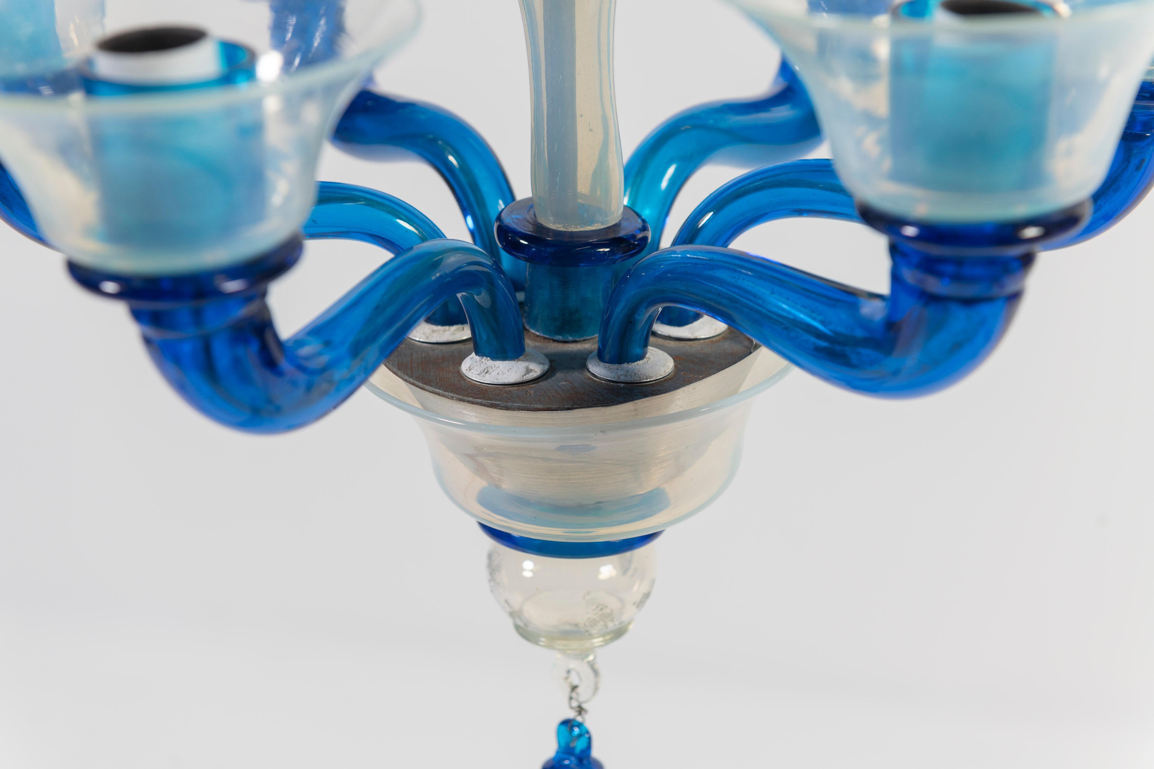 1950's Chandelier, Attributed to Venini, with Blue Iridescent Blown Glass For Sale 6