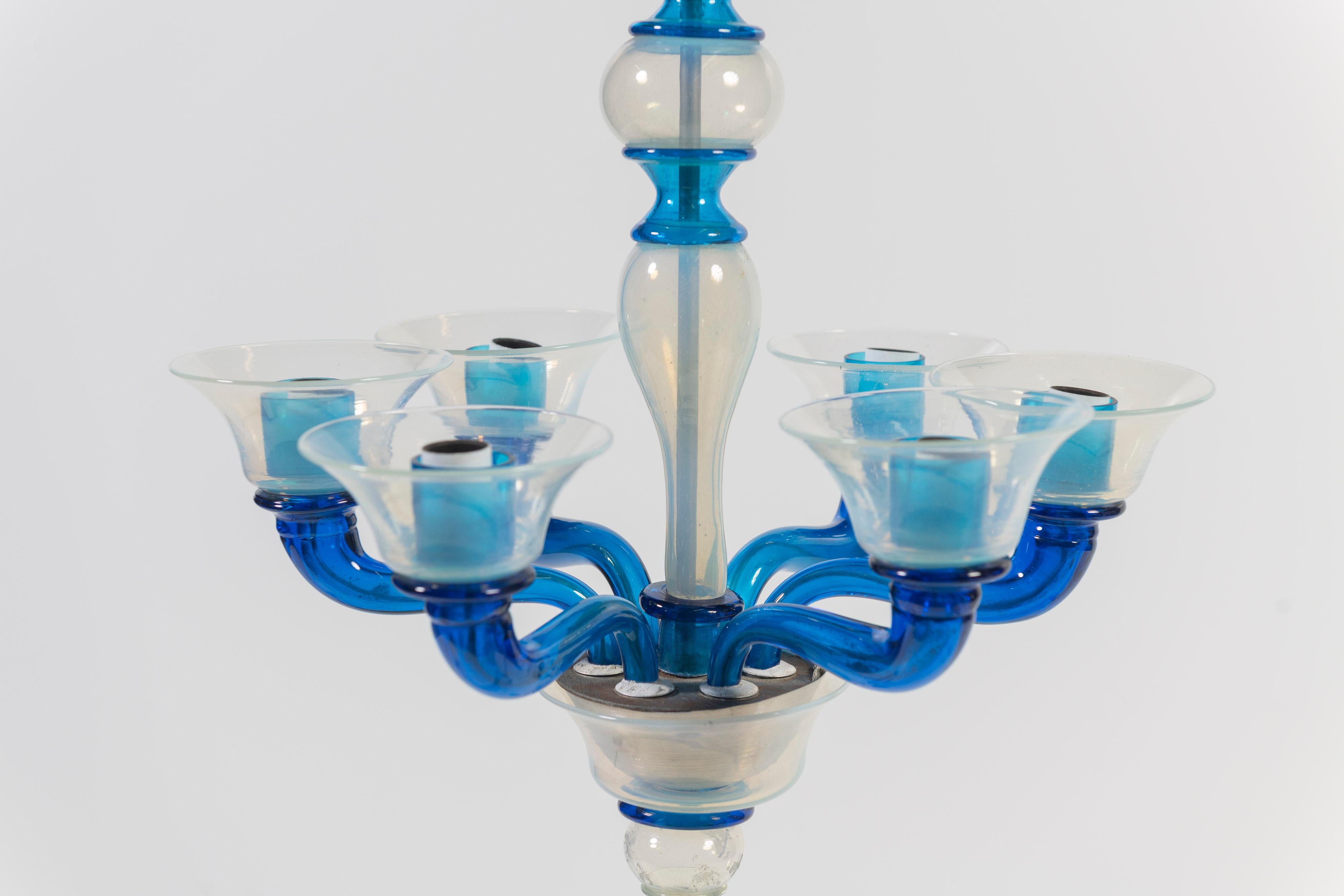 1950's Chandelier, Attributed to Venini, with Blue Iridescent Blown Glass For Sale 8