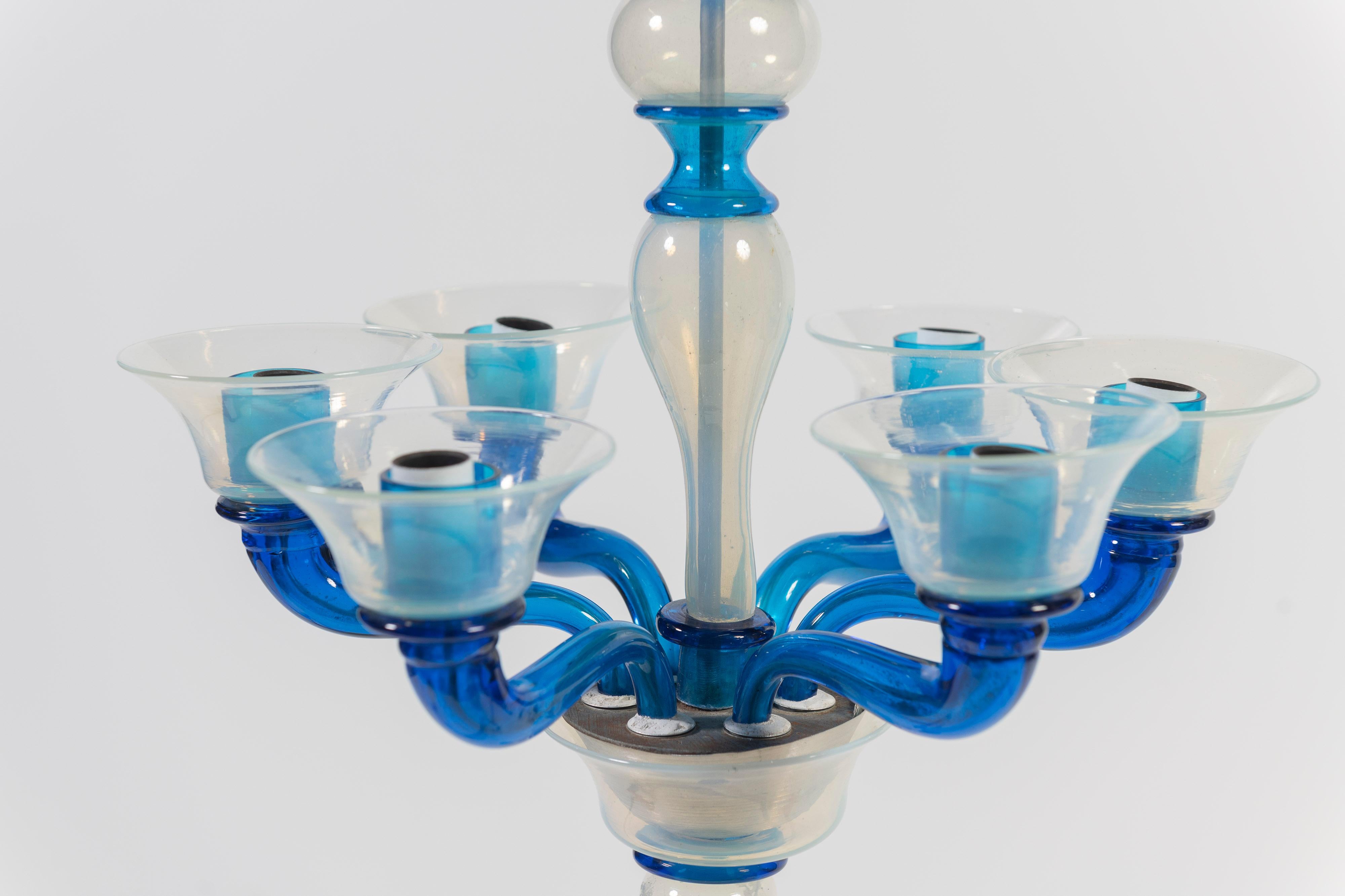 1950's Chandelier, Attributed to Venini, with Blue Iridescent Blown Glass For Sale 9