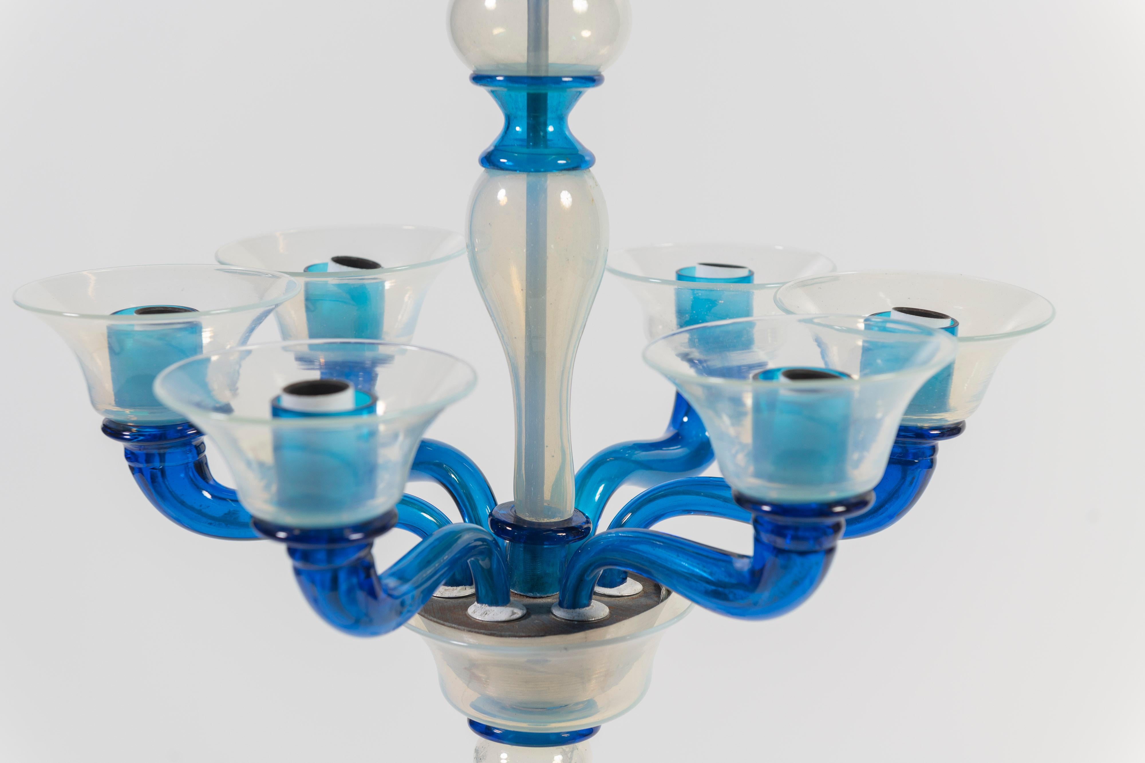 1950's Chandelier, Attributed to Venini, with Blue Iridescent Blown Glass For Sale 10