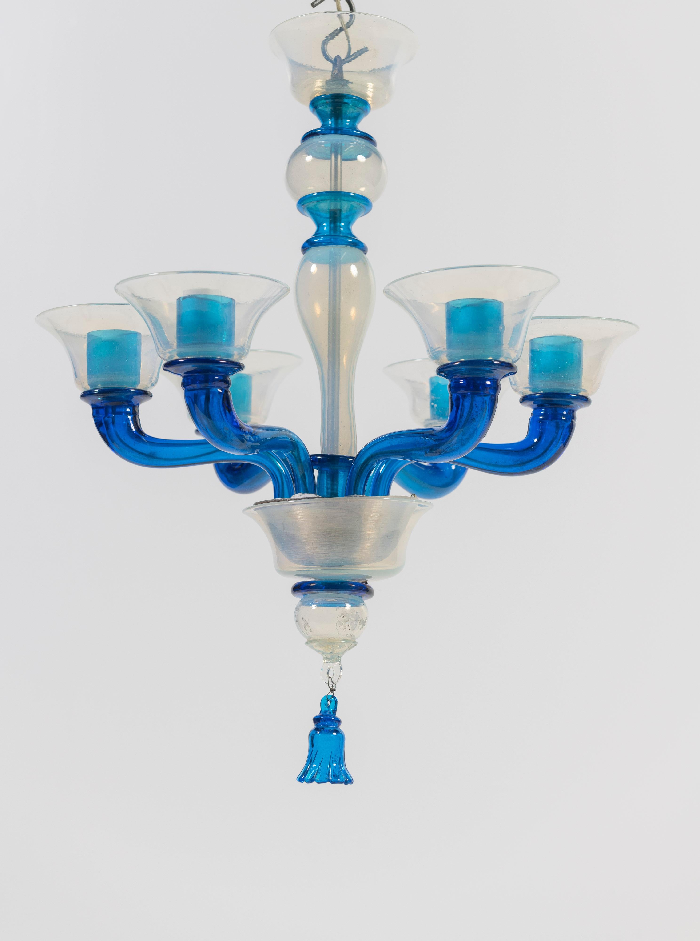 Mid-Century Modern 1950's Chandelier, Attributed to Venini, with Blue Iridescent Blown Glass For Sale