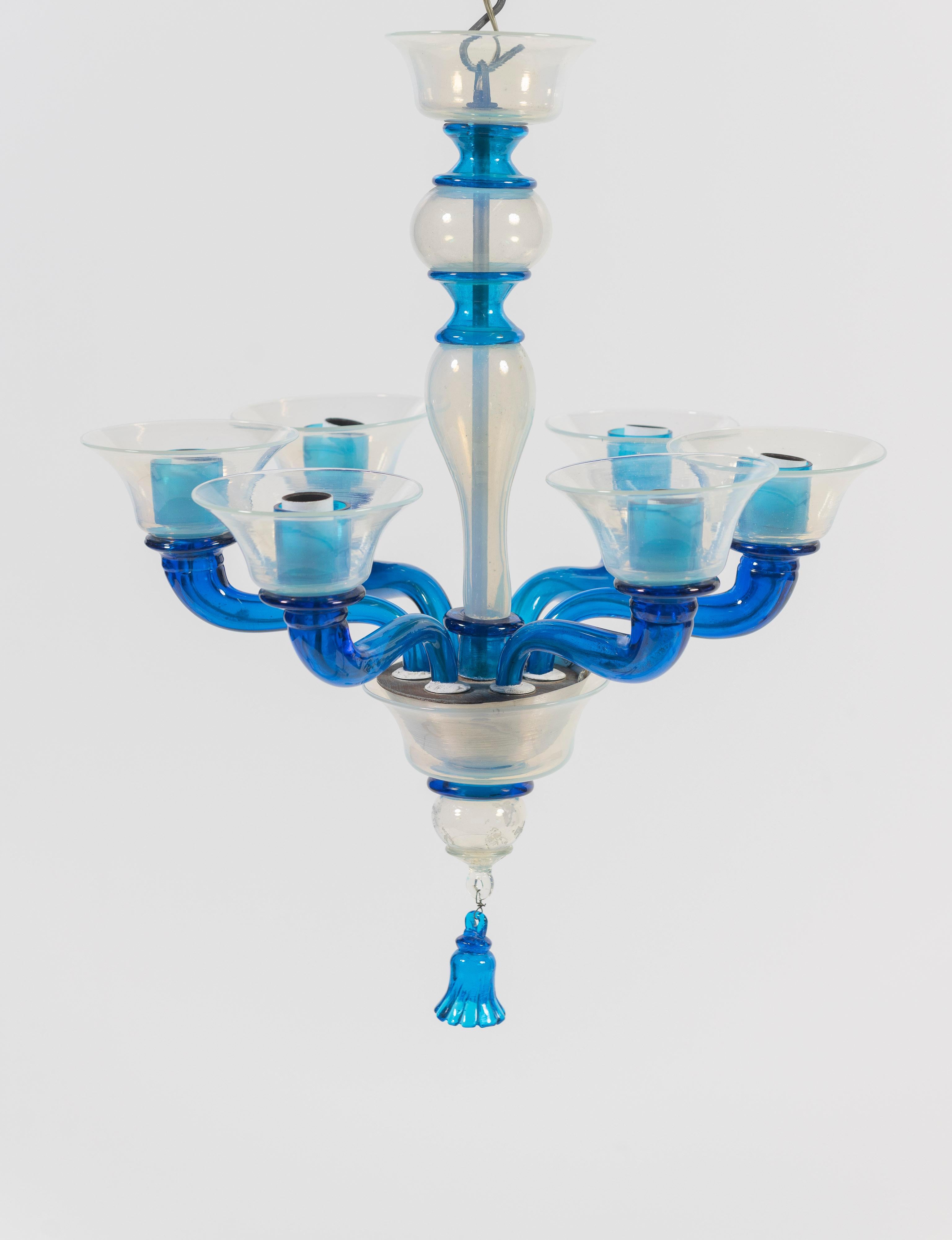 Italian 1950's Chandelier, Attributed to Venini, with Blue Iridescent Blown Glass For Sale