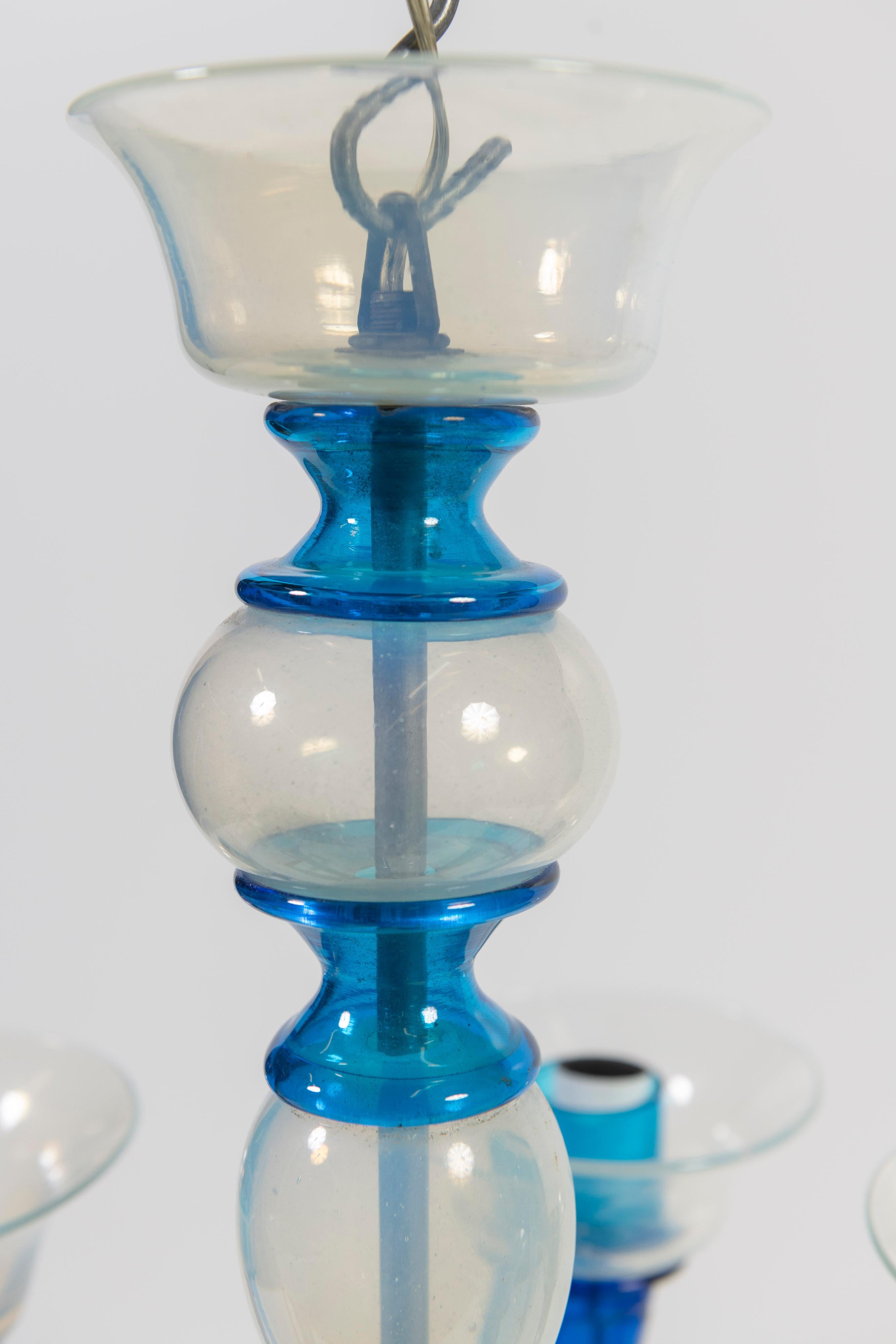 20th Century 1950's Chandelier, Attributed to Venini, with Blue Iridescent Blown Glass For Sale