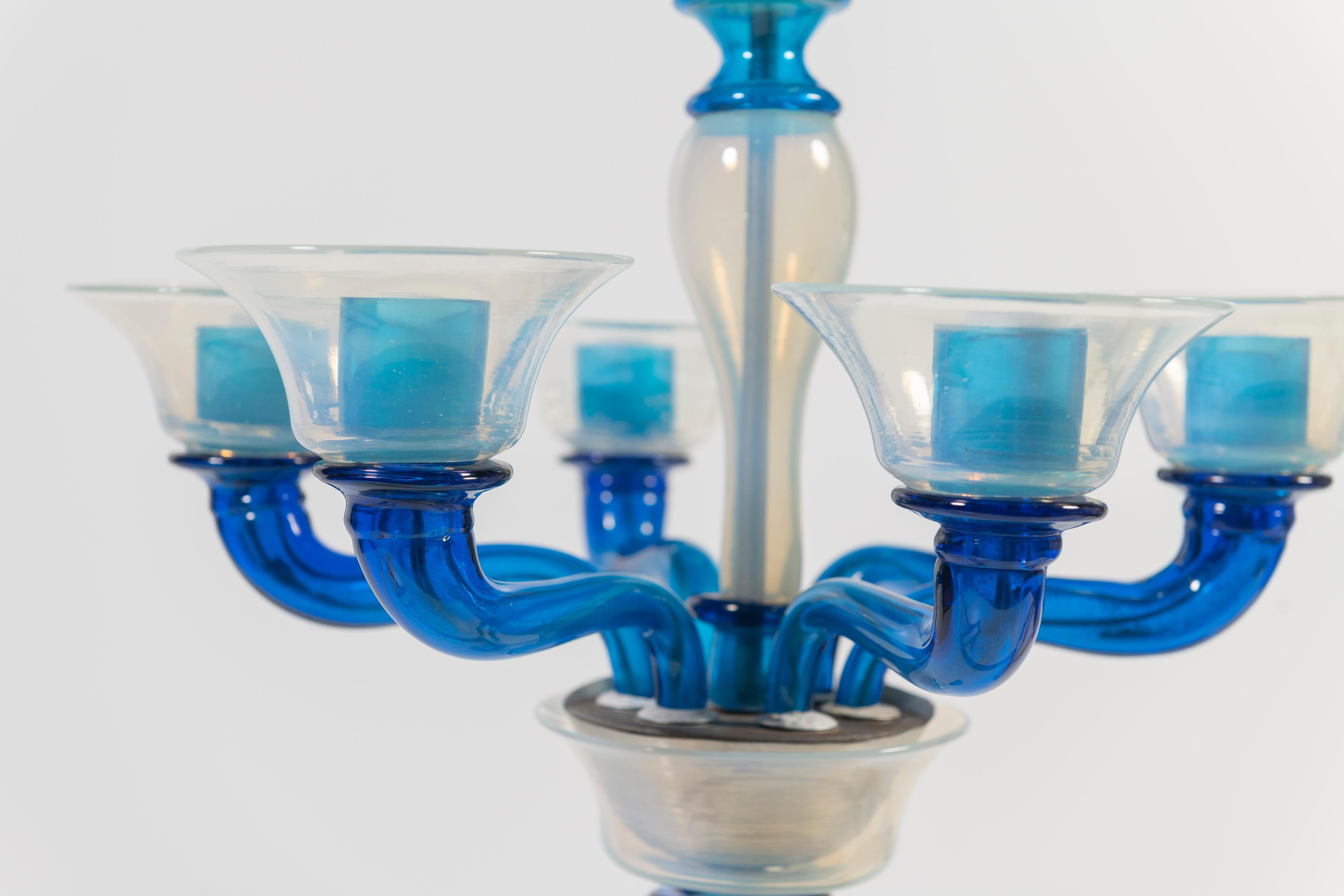 Murano Glass 1950's Chandelier, Attributed to Venini, with Blue Iridescent Blown Glass For Sale