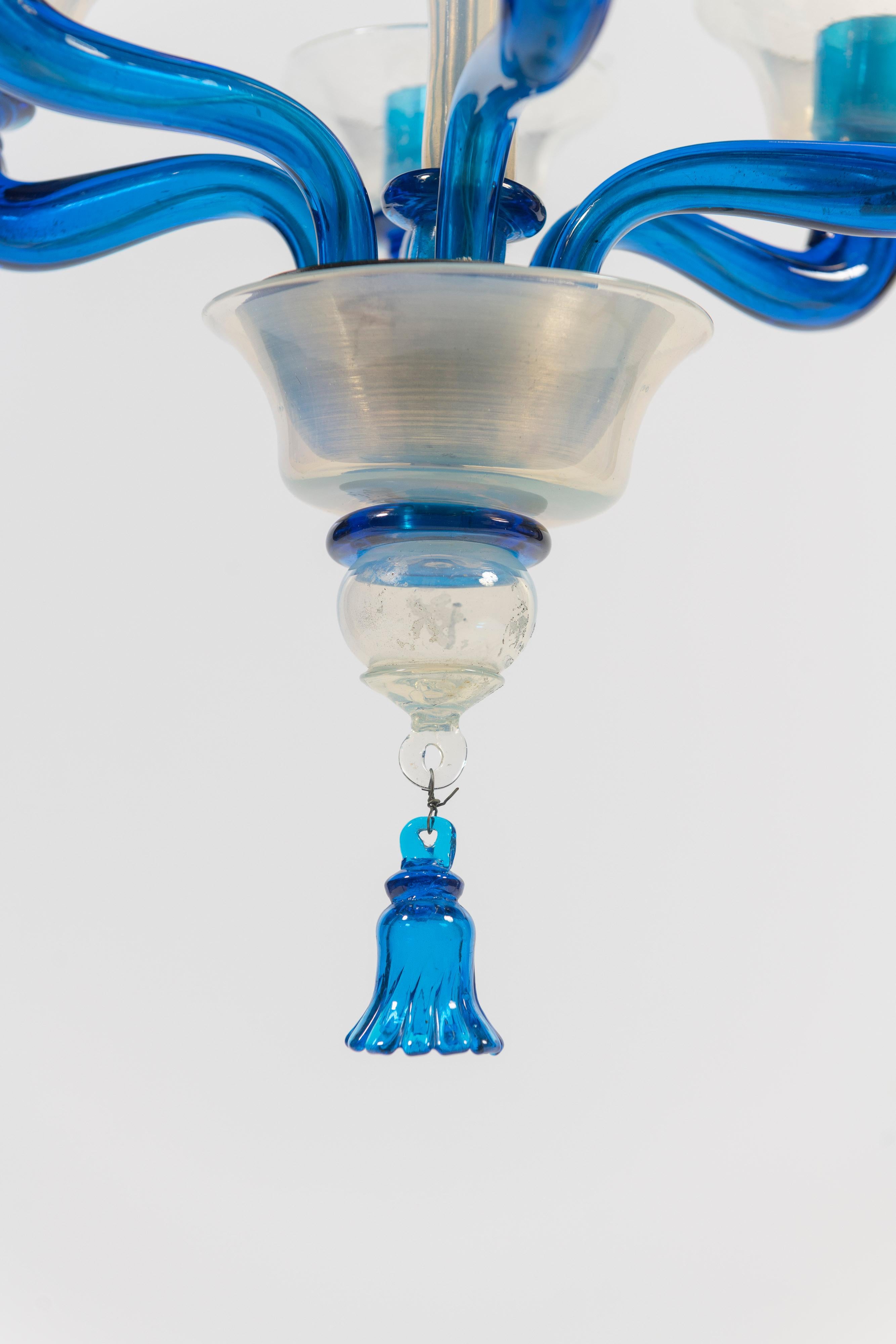 1950's Chandelier, Attributed to Venini, with Blue Iridescent Blown Glass For Sale 1