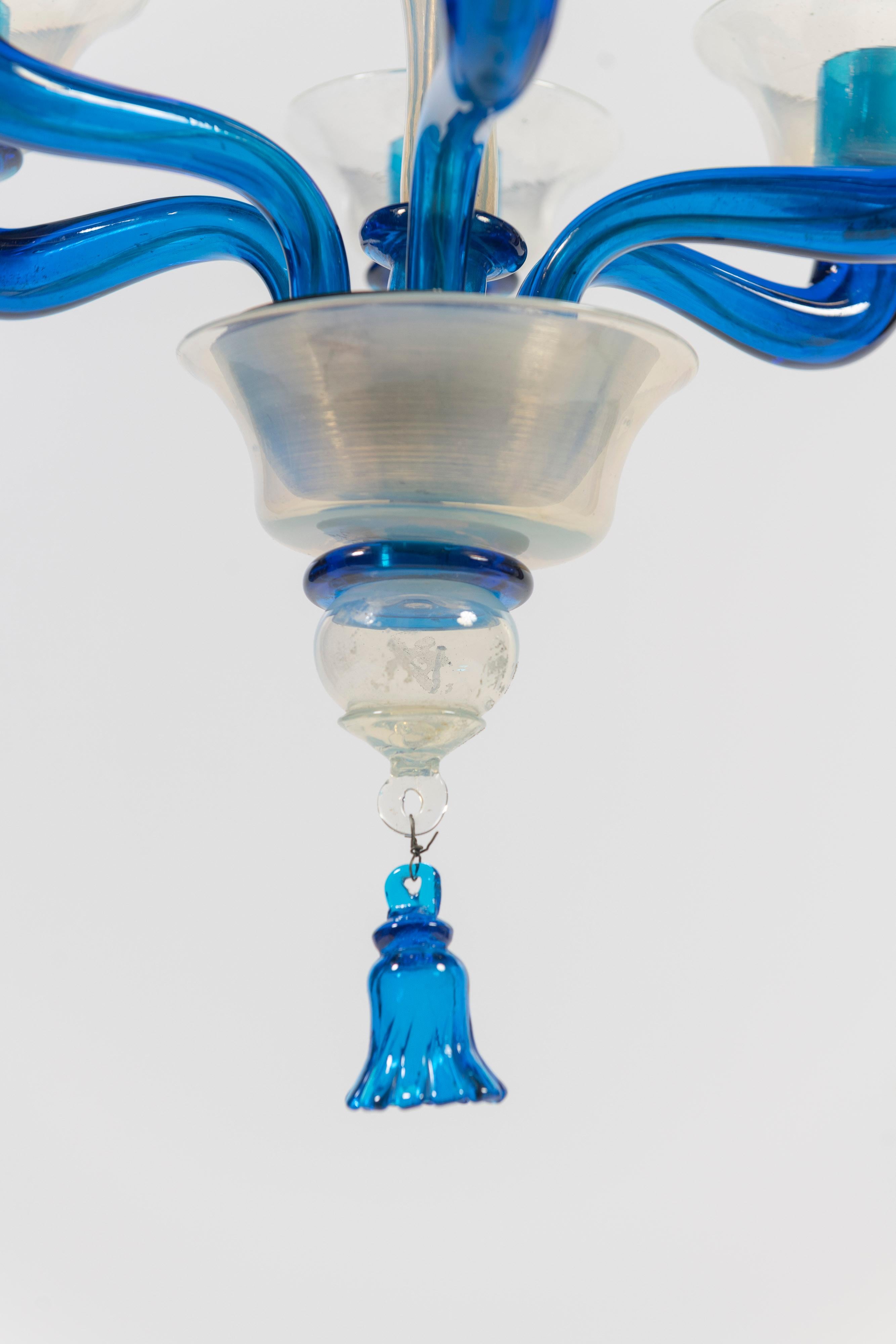 1950's Chandelier, Attributed to Venini, with Blue Iridescent Blown Glass For Sale 3