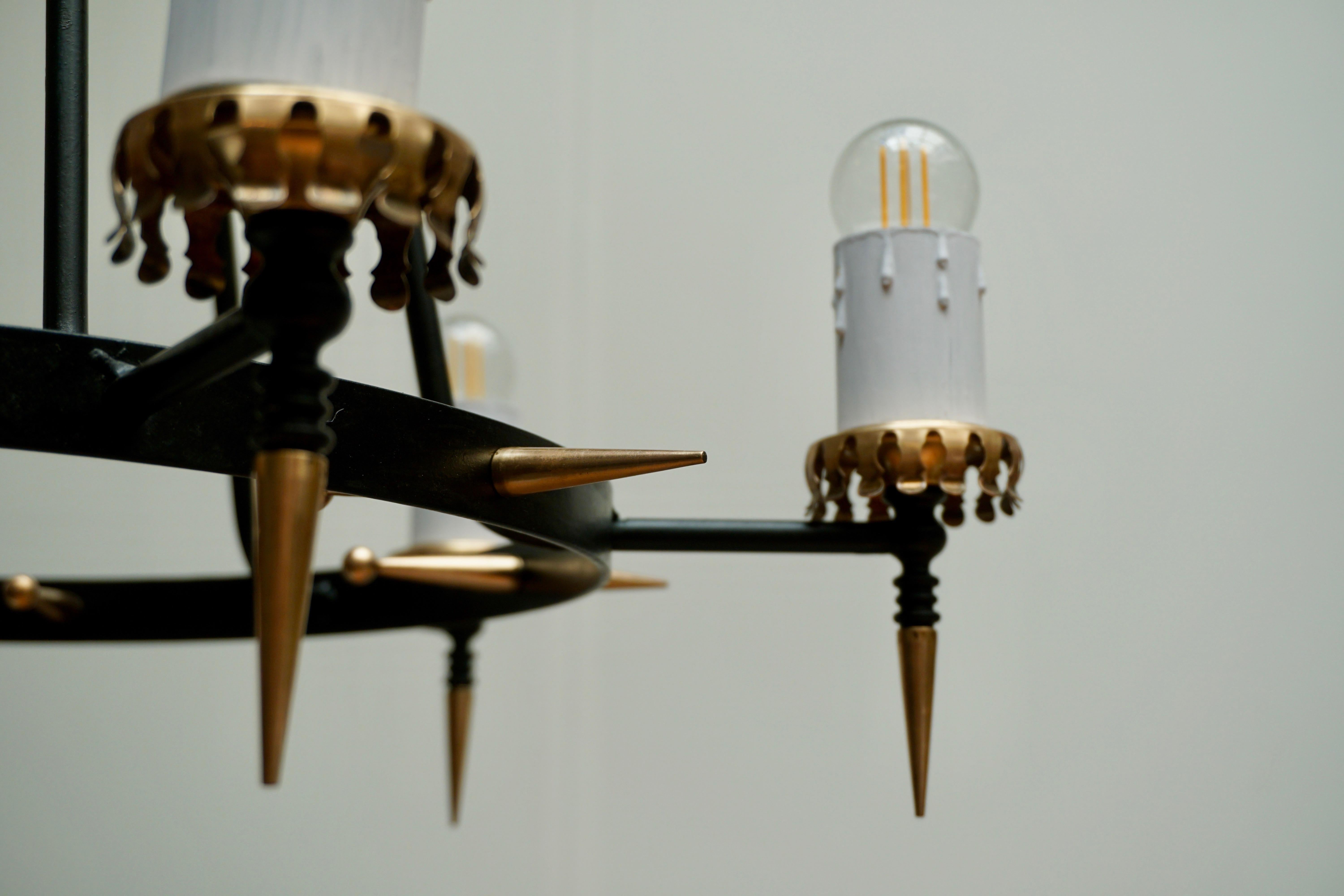 1950s Chandelier in Brass and Black Metal In Good Condition In Antwerp, BE