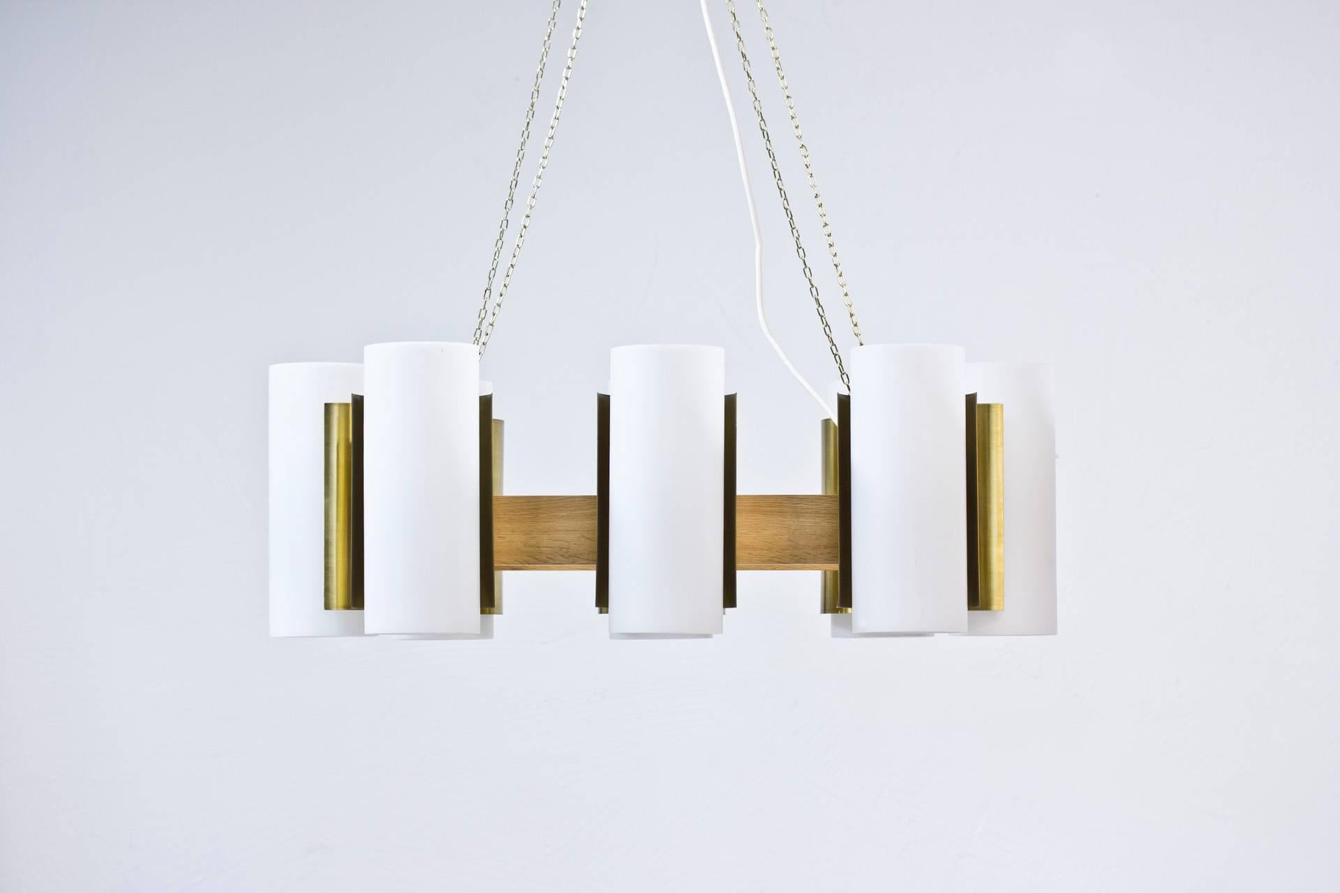 Scandinavian Modern 1950s Chandeliers in Oak and Brass by Sten Carlquist, for Hans Agne Jakobsson For Sale