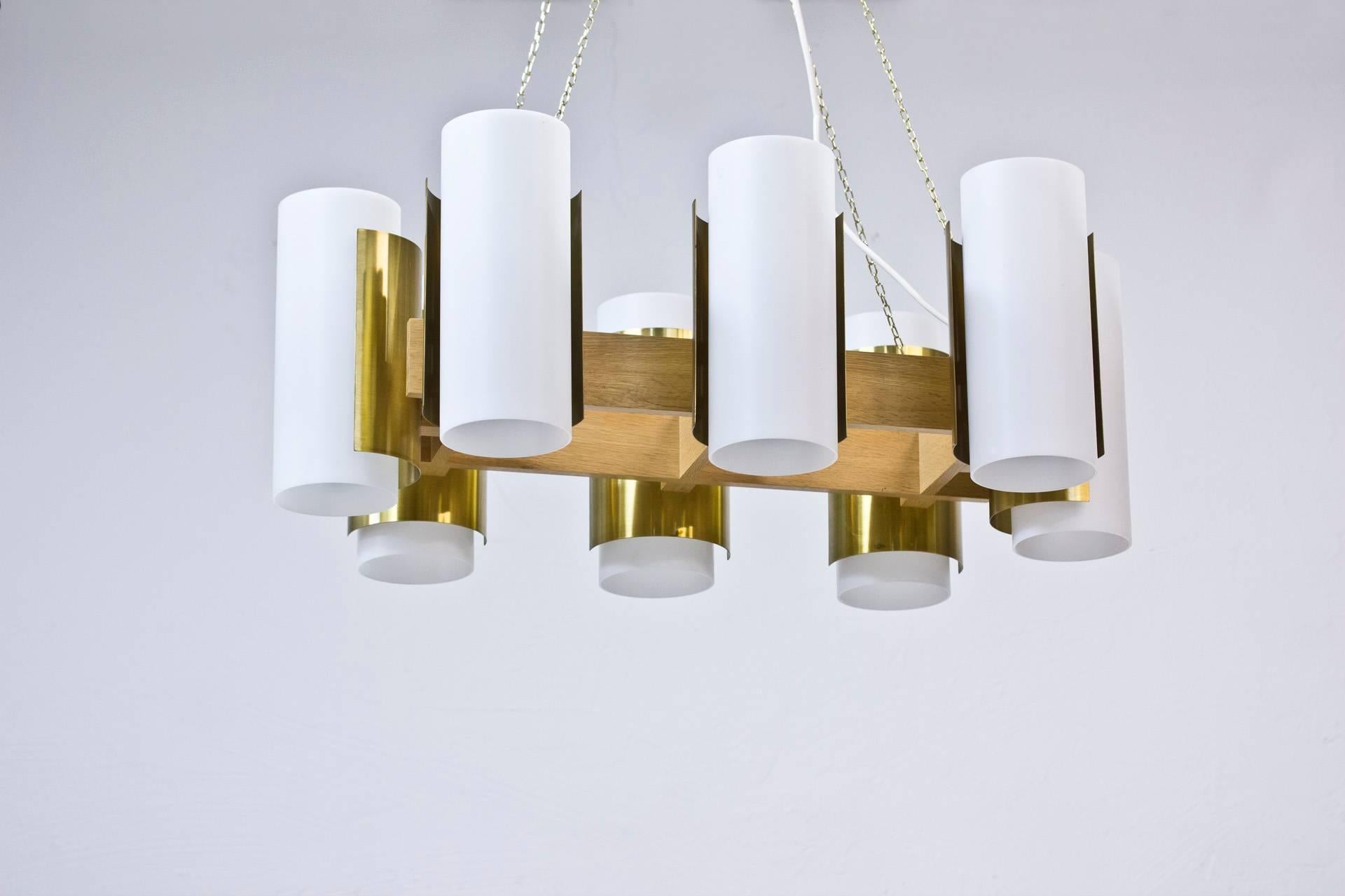Swedish 1950s Chandeliers in Oak and Brass by Sten Carlquist, for Hans Agne Jakobsson For Sale