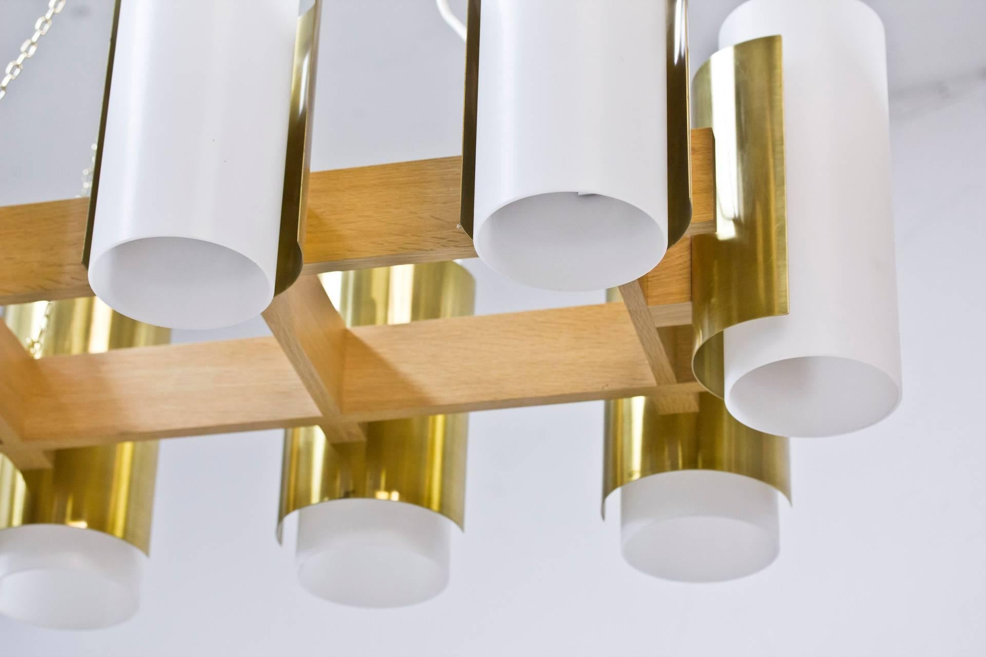 Mid-20th Century 1950s Chandeliers in Oak and Brass by Sten Carlquist, for Hans Agne Jakobsson For Sale