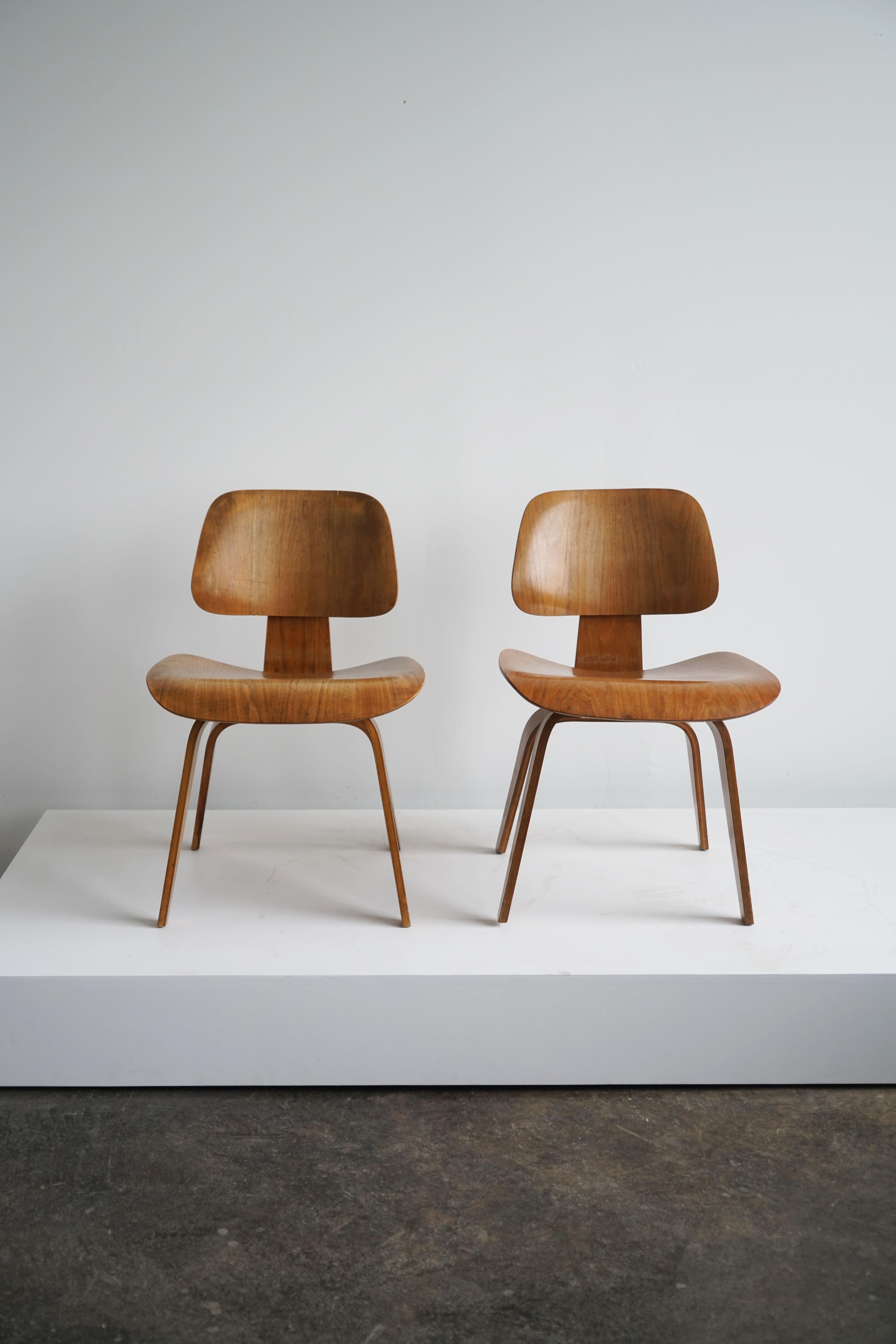 Mid-Century Modern 1950's Charles and Ray Eames DCW Plywood Chairs for Herman Miller, Pair