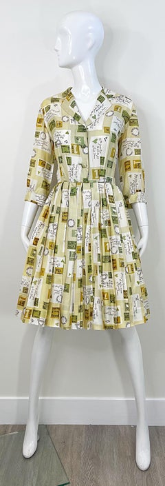1950s Charles Hymen Novelty Postcard Print Vintage 50s 3/4 Sleeves Silk Dress