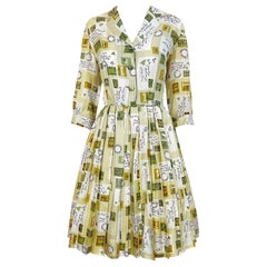 1950s Charles Hymen Novelty Postcard Print Vintage 50s 3/4 Sleeves Silk Dress