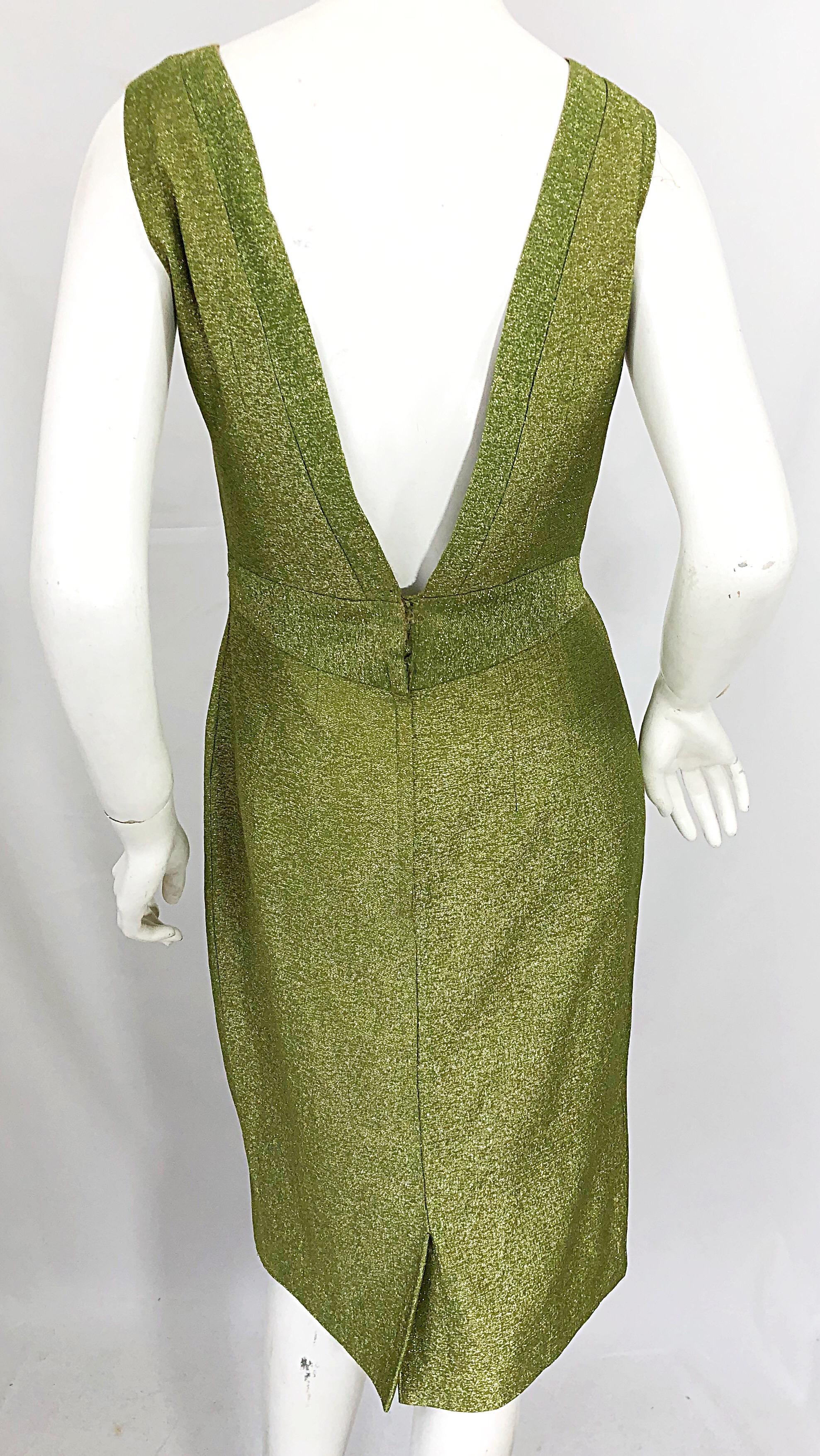 1960s Chartreuse Green Metallic Silk Lurex Plunging Back Vintage 60s Dress 3