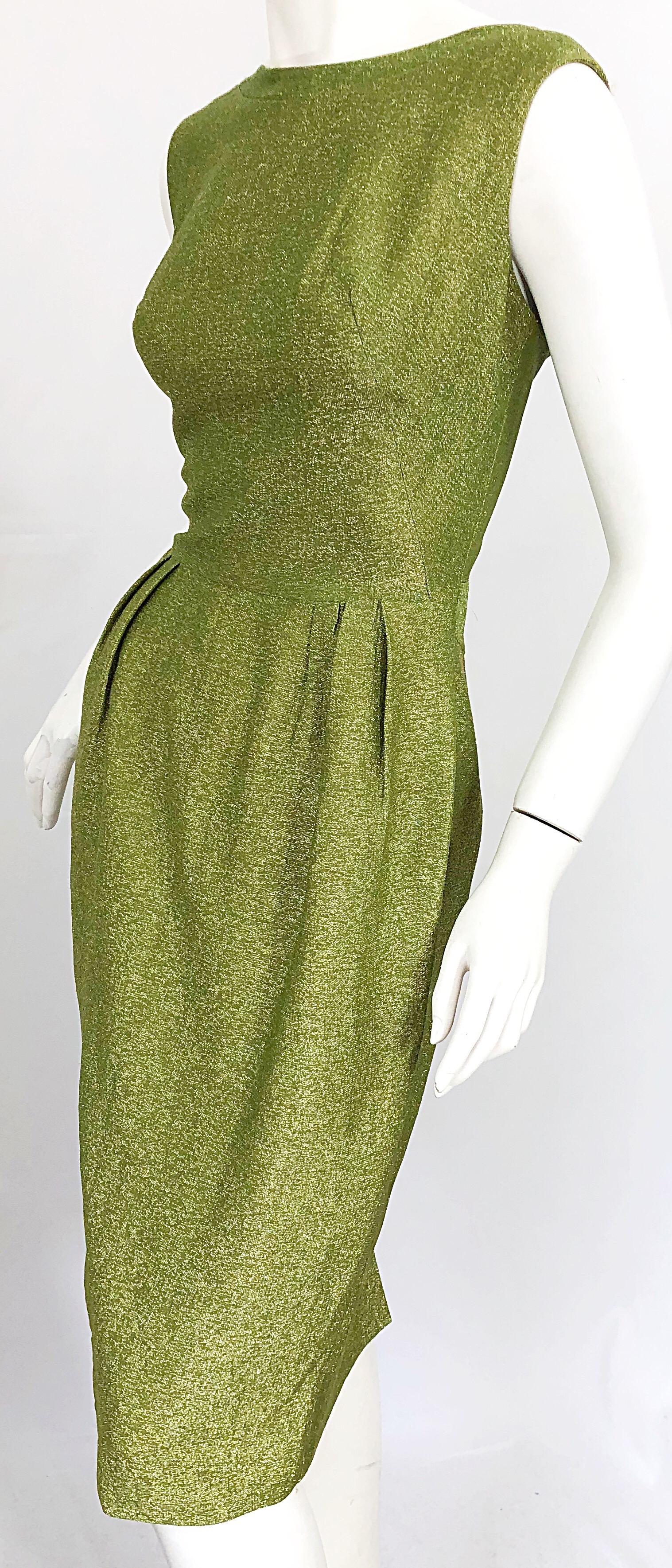 1960s Chartreuse Green Metallic Silk Lurex Plunging Back Vintage 60s Dress 4