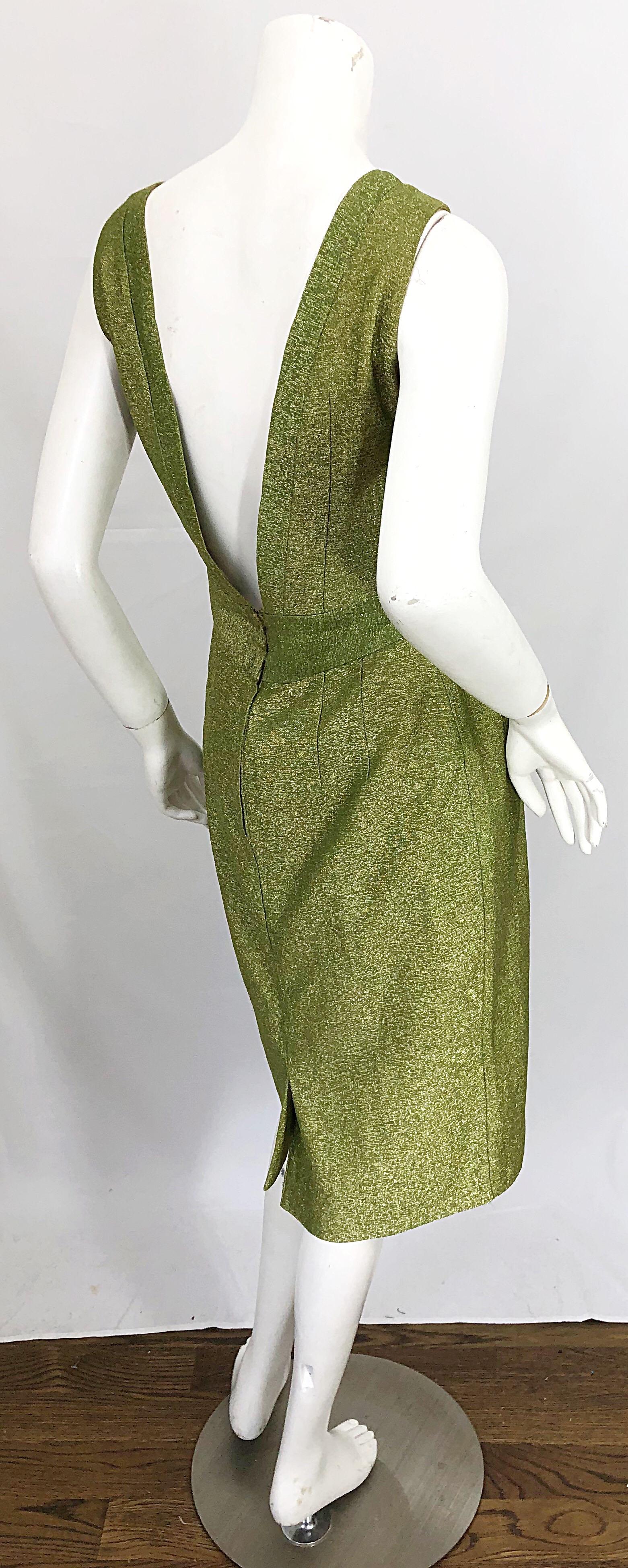 1960s Chartreuse Green Metallic Silk Lurex Plunging Back Vintage 60s Dress 5