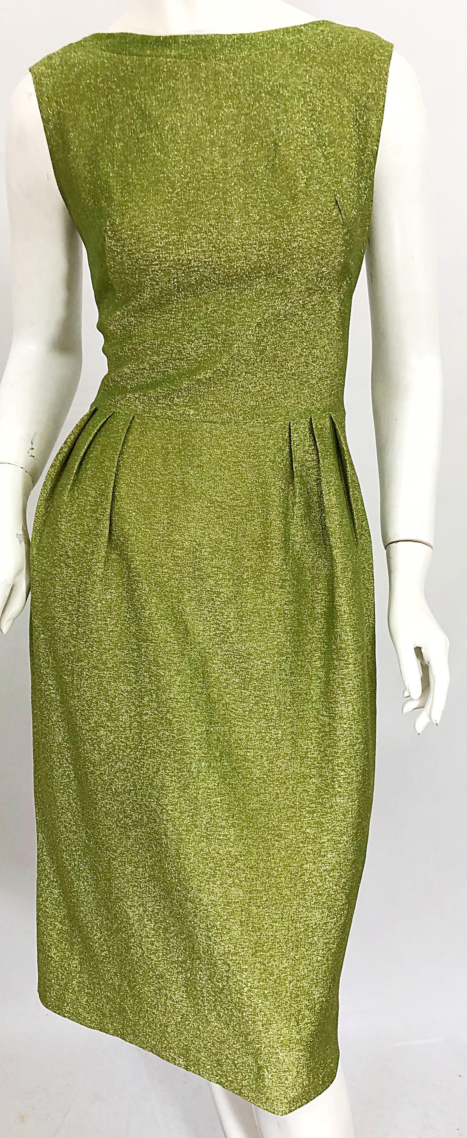 1960s Chartreuse Green Metallic Silk Lurex Plunging Back Vintage 60s Dress 6