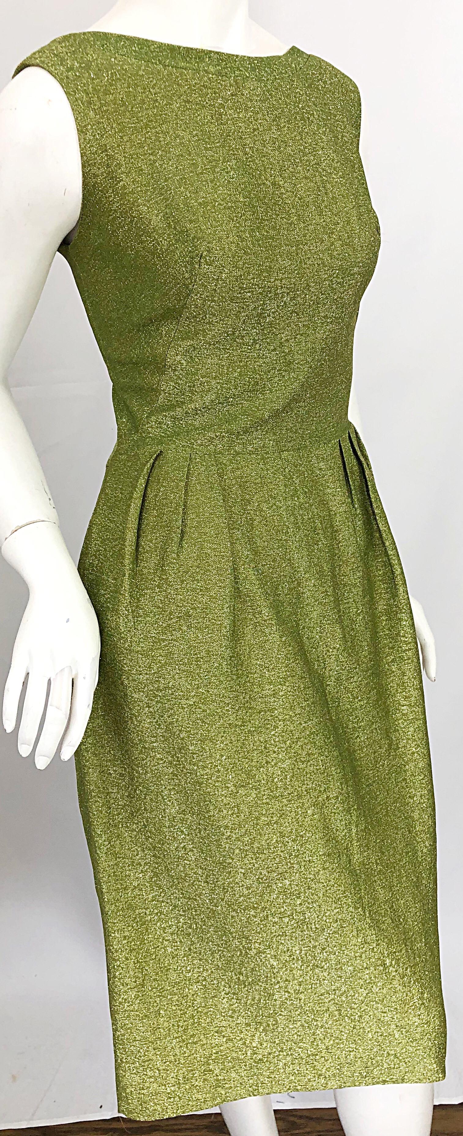 1960s Chartreuse Green Metallic Silk Lurex Plunging Back Vintage 60s Dress In Excellent Condition In San Diego, CA