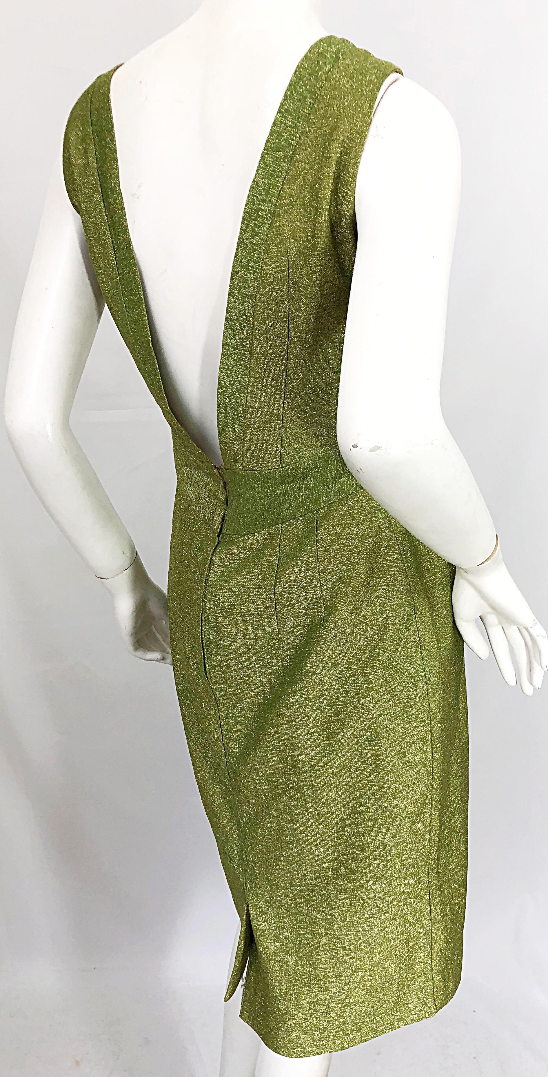 Women's 1960s Chartreuse Green Metallic Silk Lurex Plunging Back Vintage 60s Dress