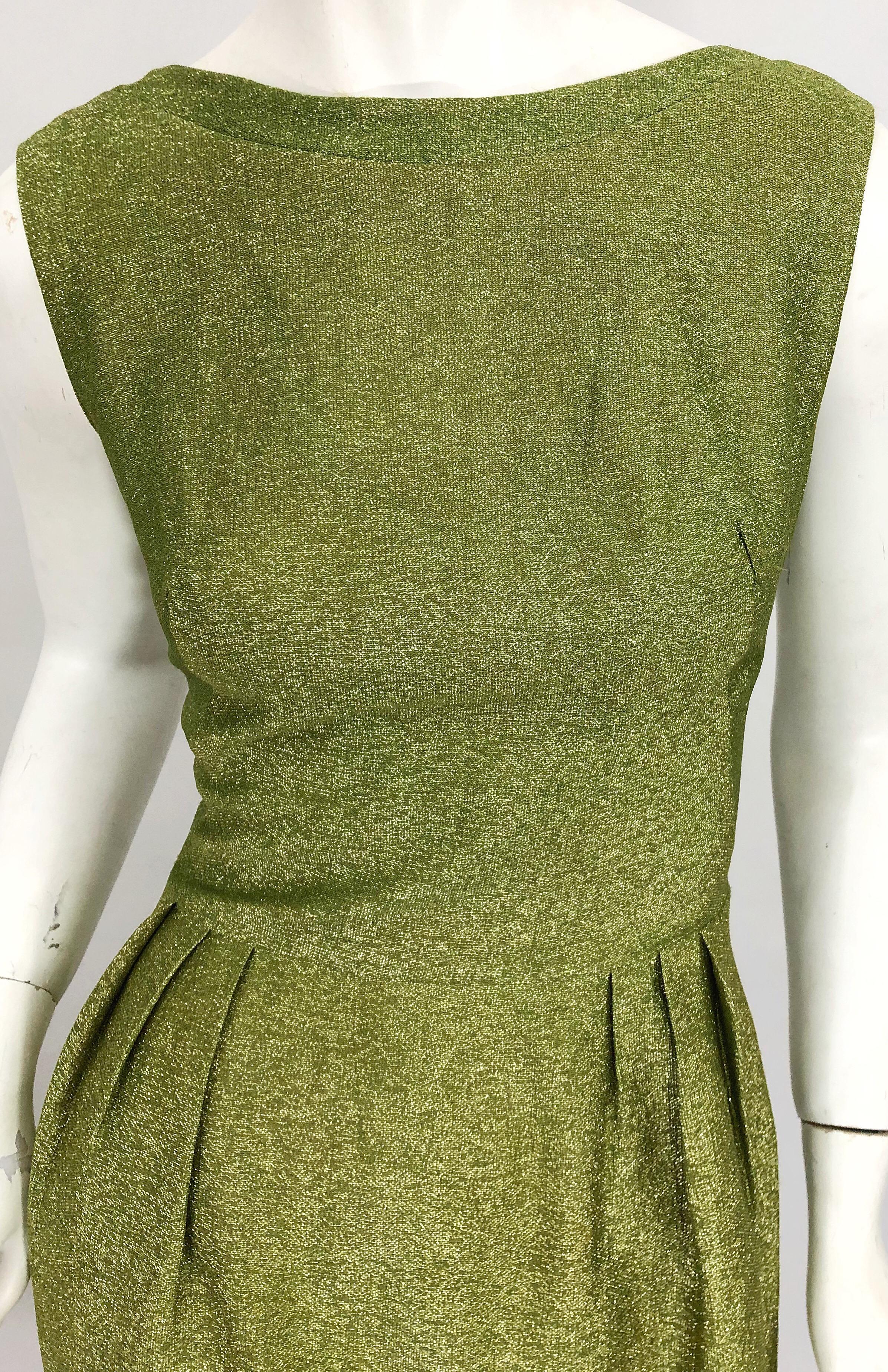 1960s Chartreuse Green Metallic Silk Lurex Plunging Back Vintage 60s Dress 1