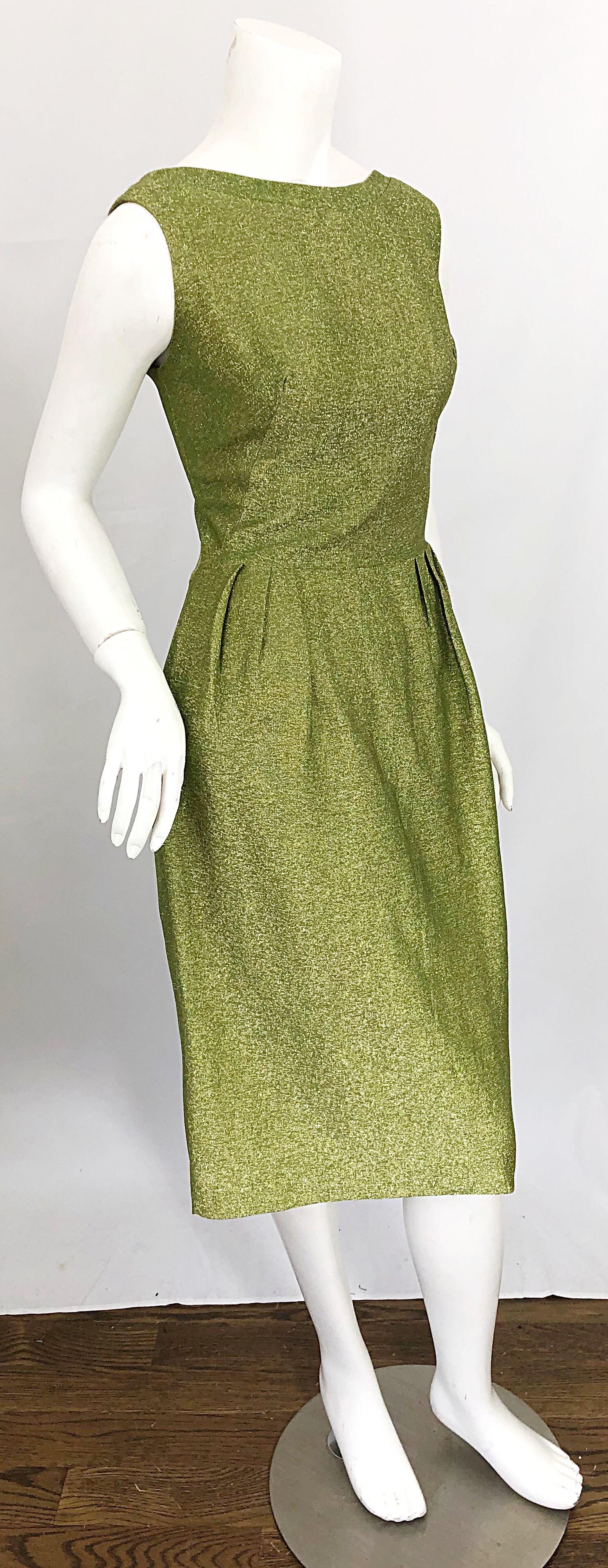 1960s Chartreuse Green Metallic Silk Lurex Plunging Back Vintage 60s Dress 2