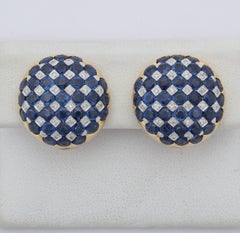 1950s Checkerboard Design Faceted Sapphires with Diamonds Gold Clip-On Earrings