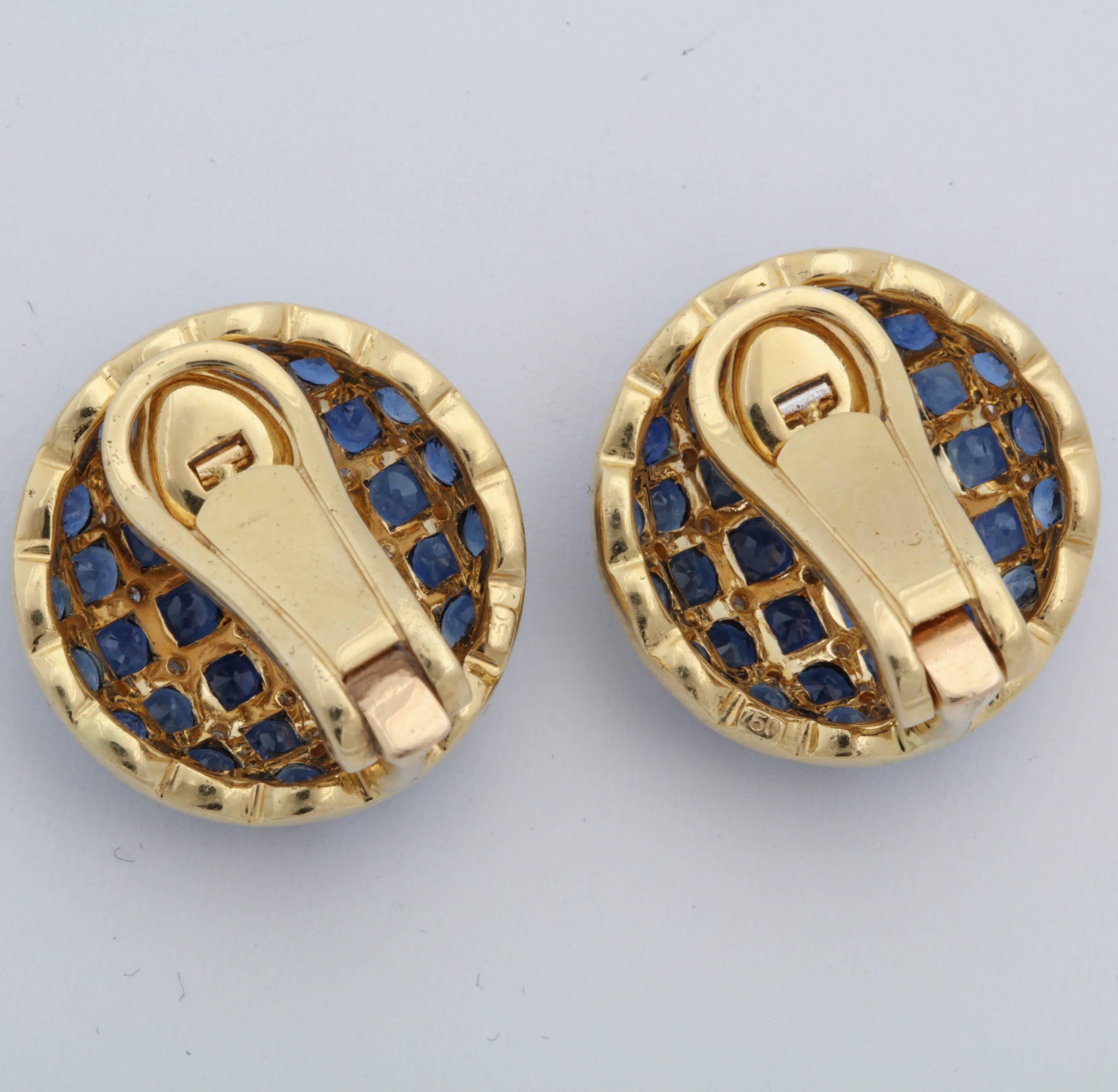 Round Cut 1950s Checkerboard Design Faceted Sapphires with Diamonds Gold Clip-On Earrings