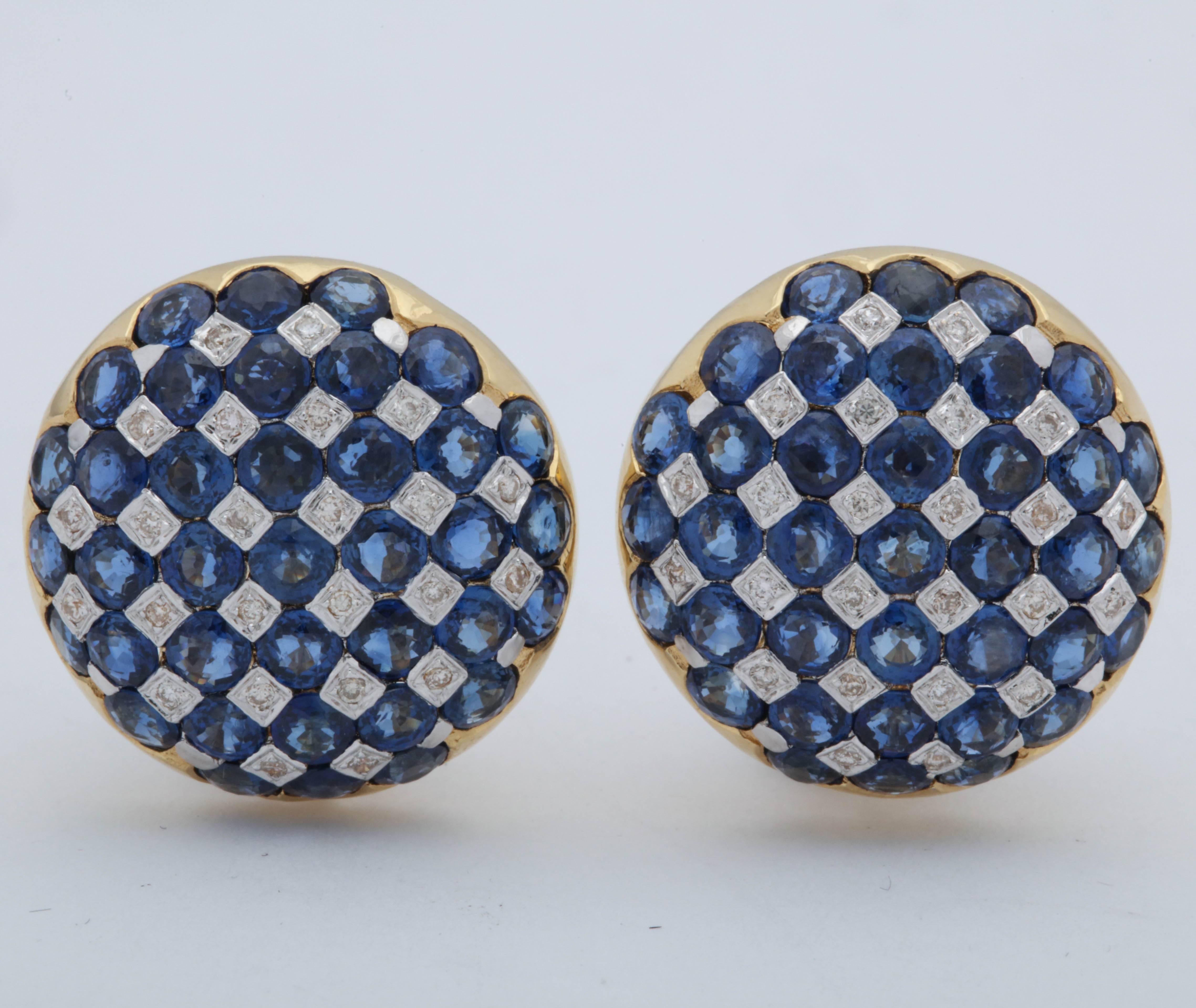Women's 1950s Checkerboard Design Faceted Sapphires with Diamonds Gold Clip-On Earrings