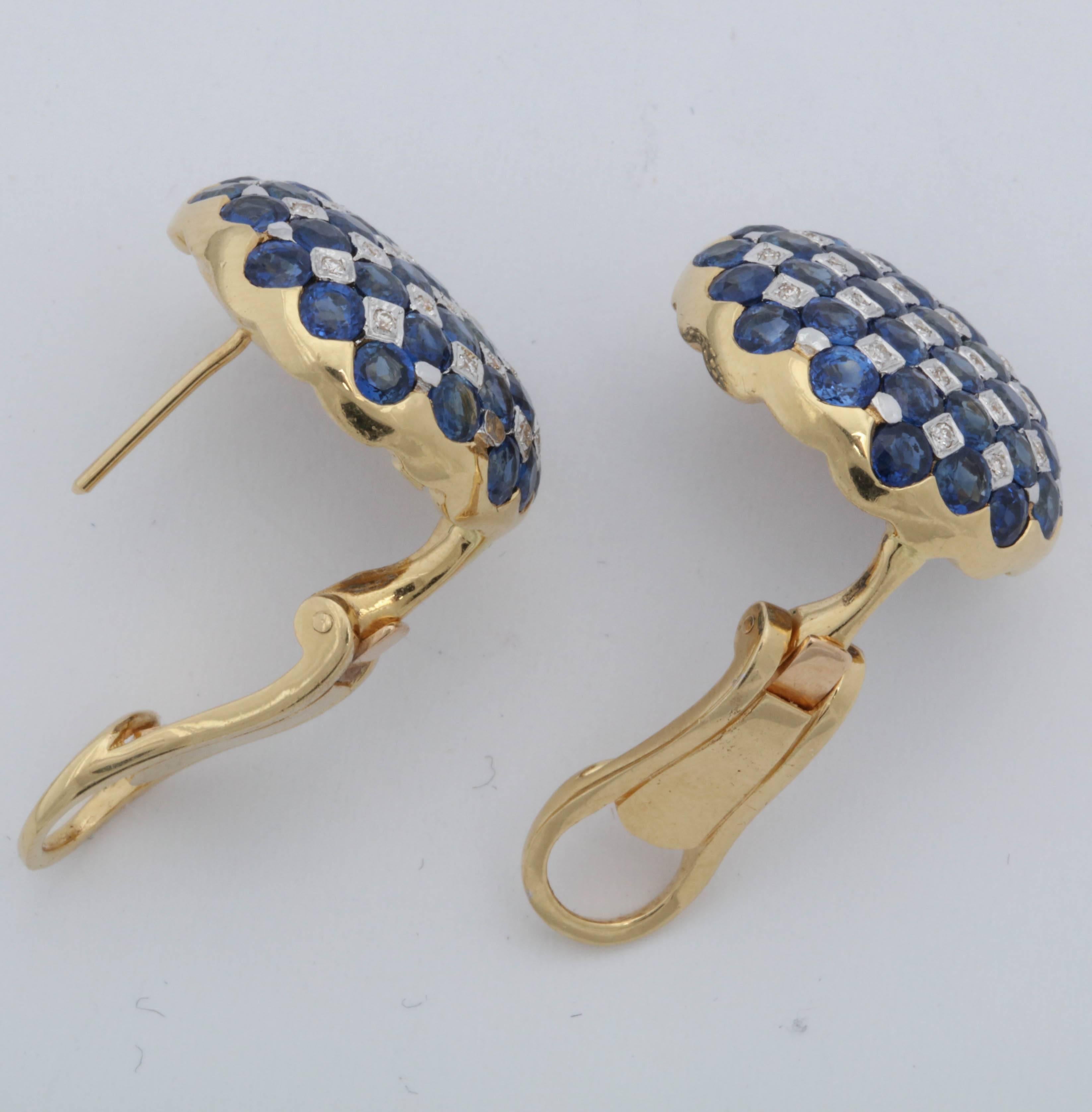 1950s Checkerboard Design Faceted Sapphires with Diamonds Gold Clip-On Earrings 1