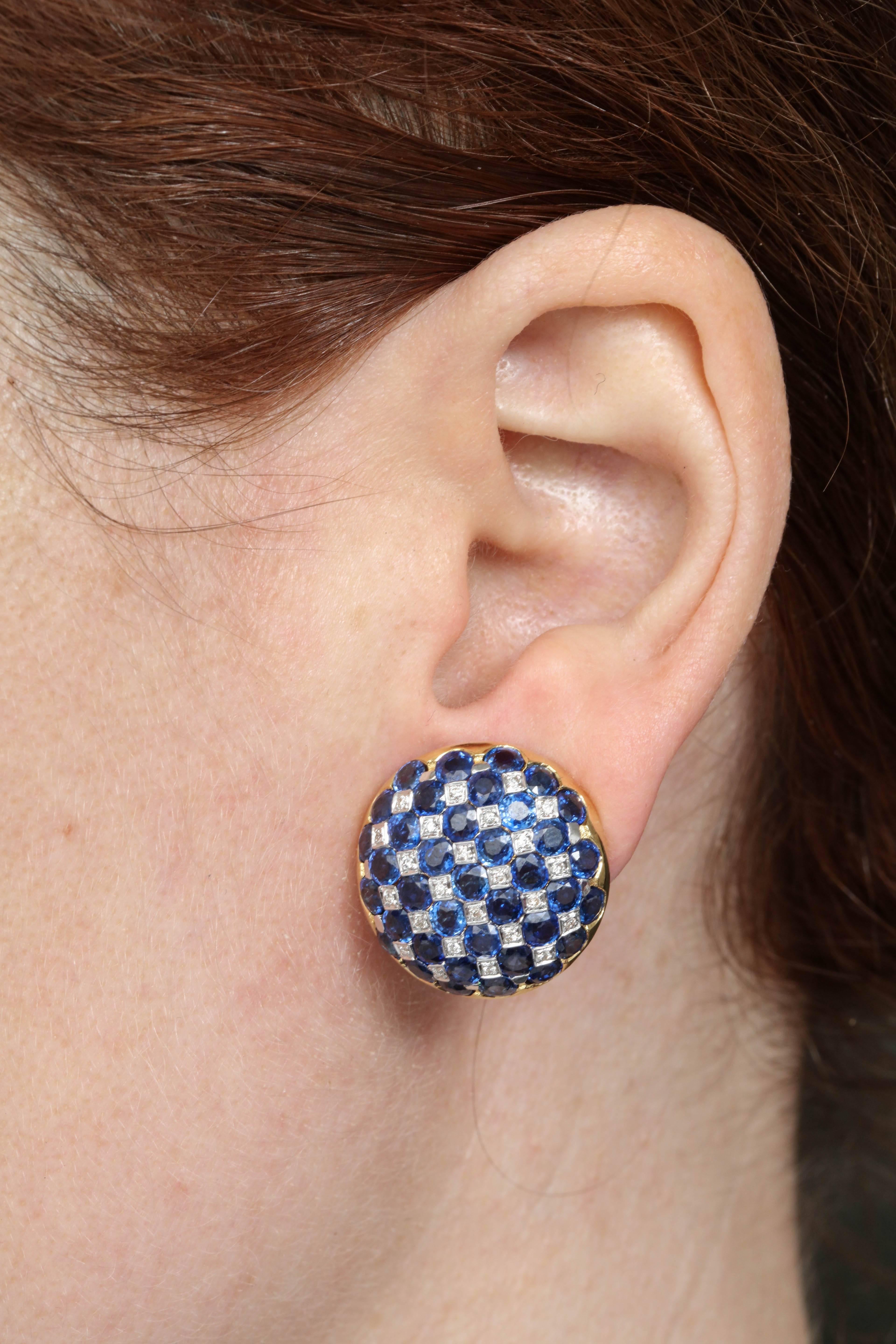 1950s Checkerboard Design Faceted Sapphires with Diamonds Gold Clip-On Earrings 2