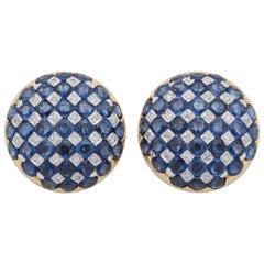 1950s Checkerboard Design Faceted Sapphires with Diamonds Gold Clip-On Earrings 1950s Checkerboard Design Faceted Sapphires with Diamonds Gold Clip-On Earrings