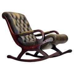 1950s, Chesterfield rocking chair, original green furniture leather, teak wood.