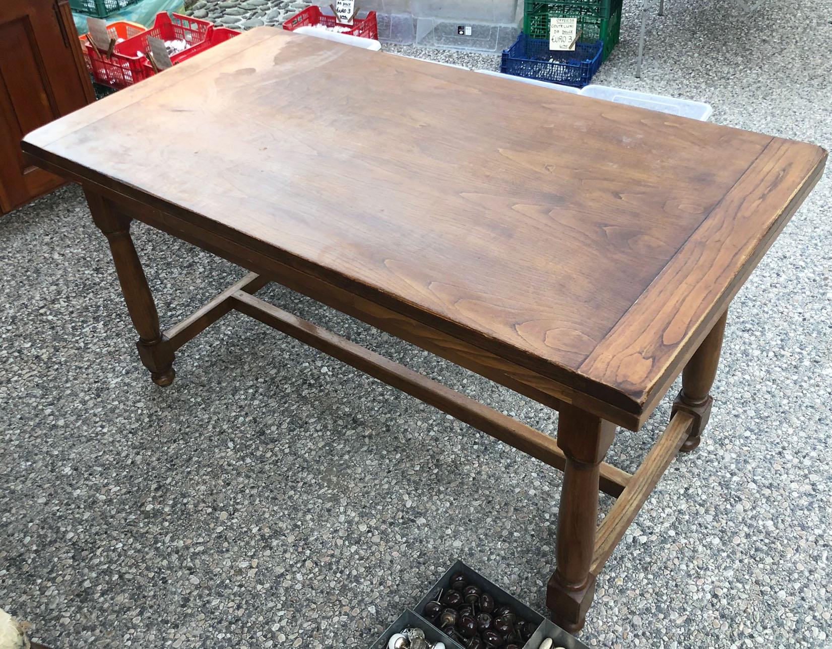 Country 1950s Chestnut Table, Original Italian, Extendable, with Turned Leg