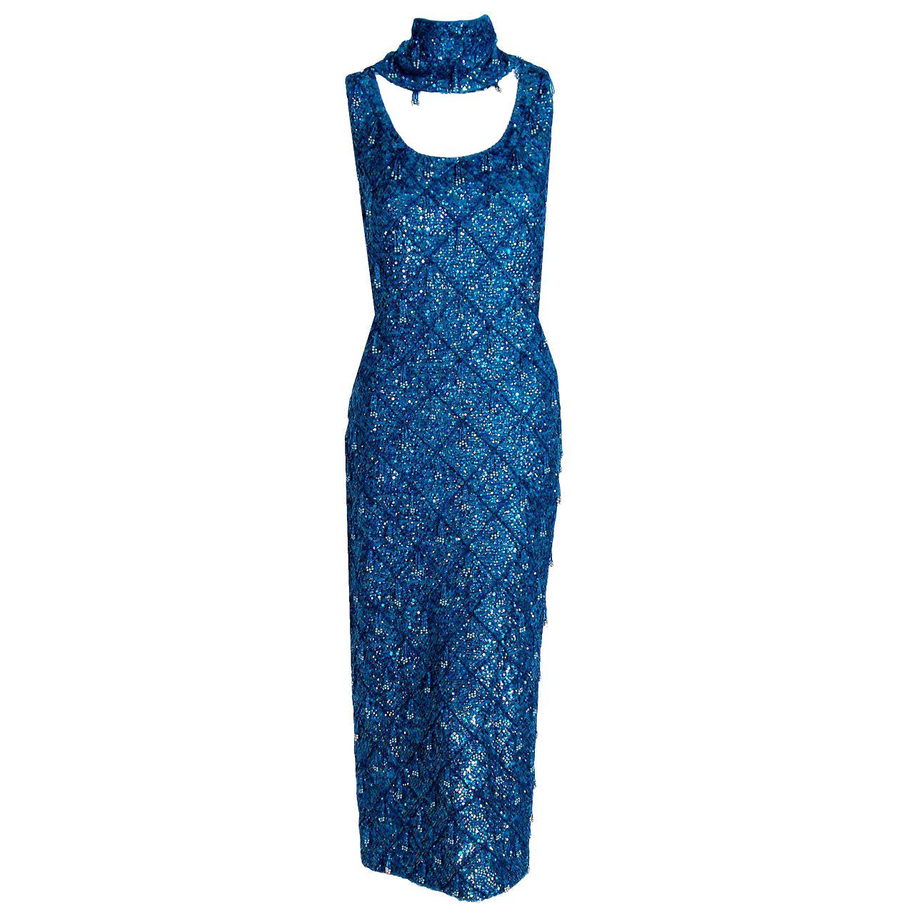 1950's Chez Royal Designer Royal-Blue Beaded Sequin Knit Hourglass Dress & Scarf