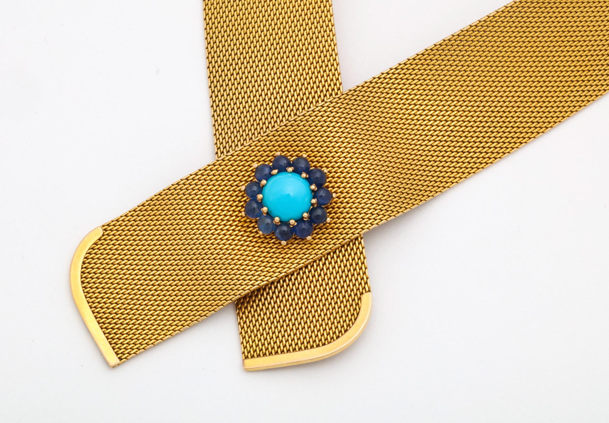 Round Cut 1950s Chic Turquoise with Cabochon Sapphires Gold Mesh Crossover Necklace