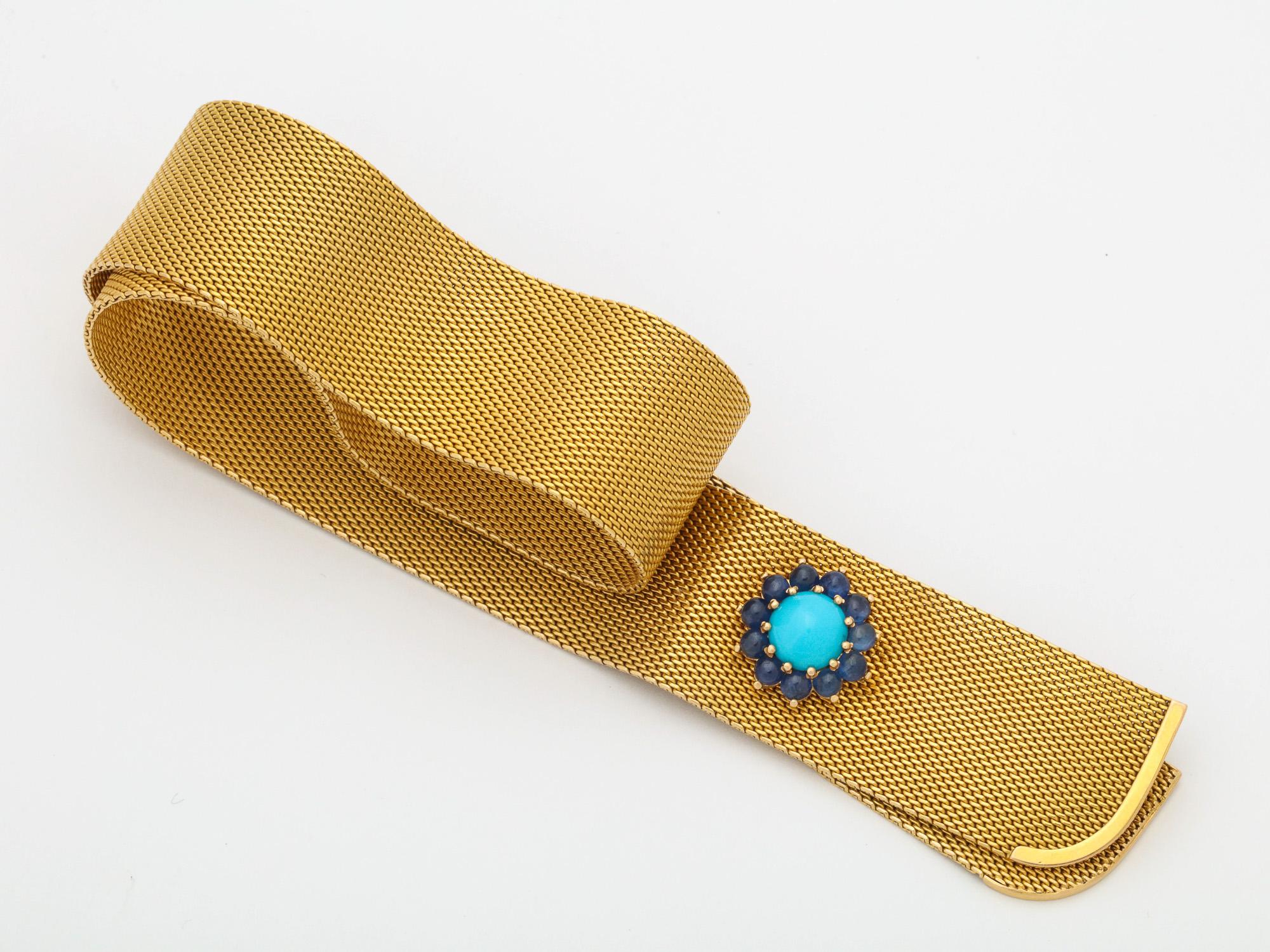 1950s Chic Turquoise with Cabochon Sapphires Gold Mesh Crossover Necklace 2