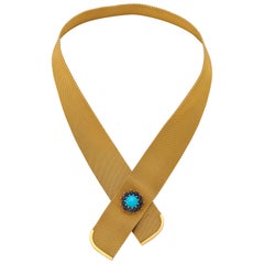 1950s Chic Turquoise with Cabochon Sapphires Gold Mesh Crossover Necklace