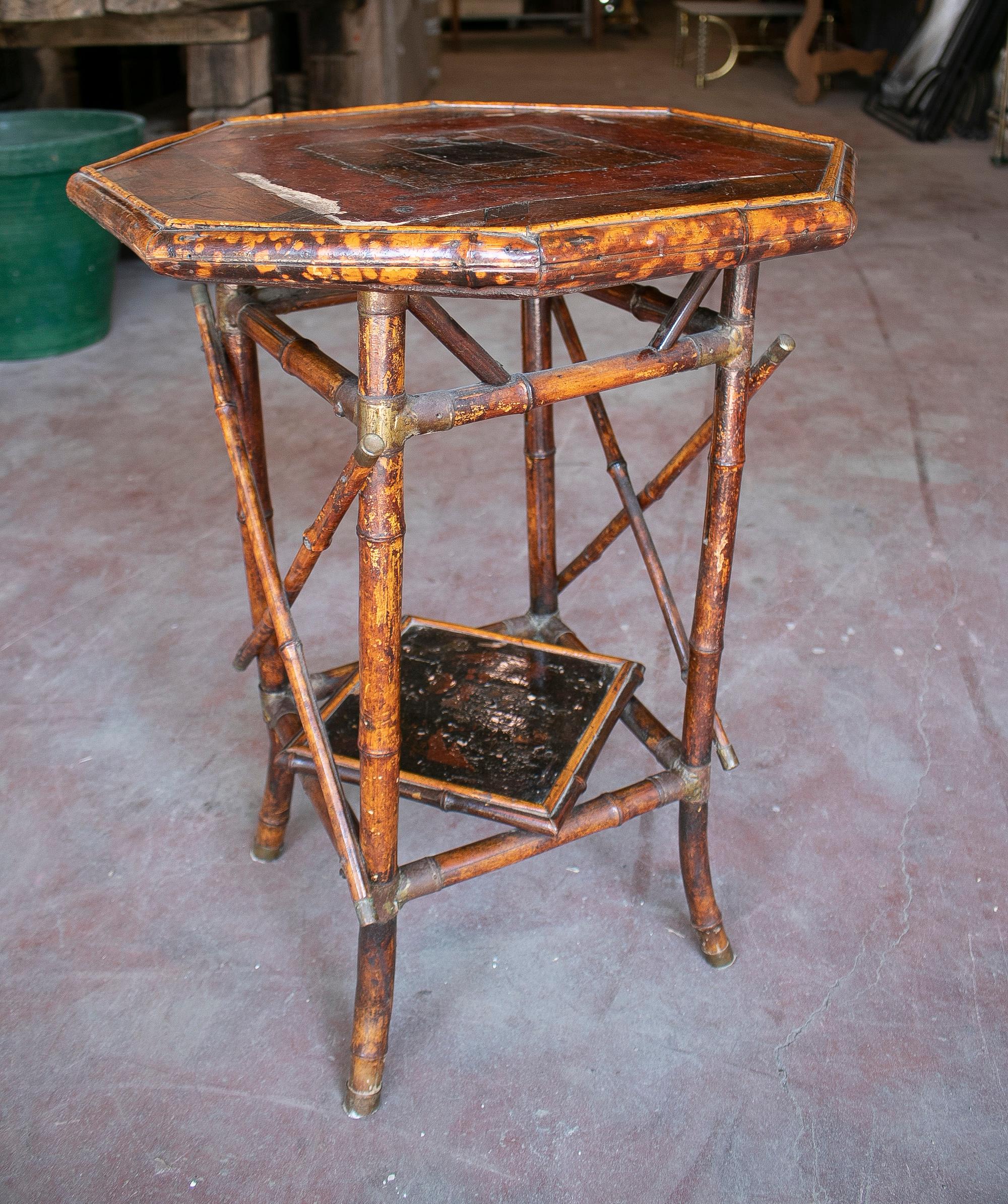Vintage 1950s Chinese bamboo and bronze side table.