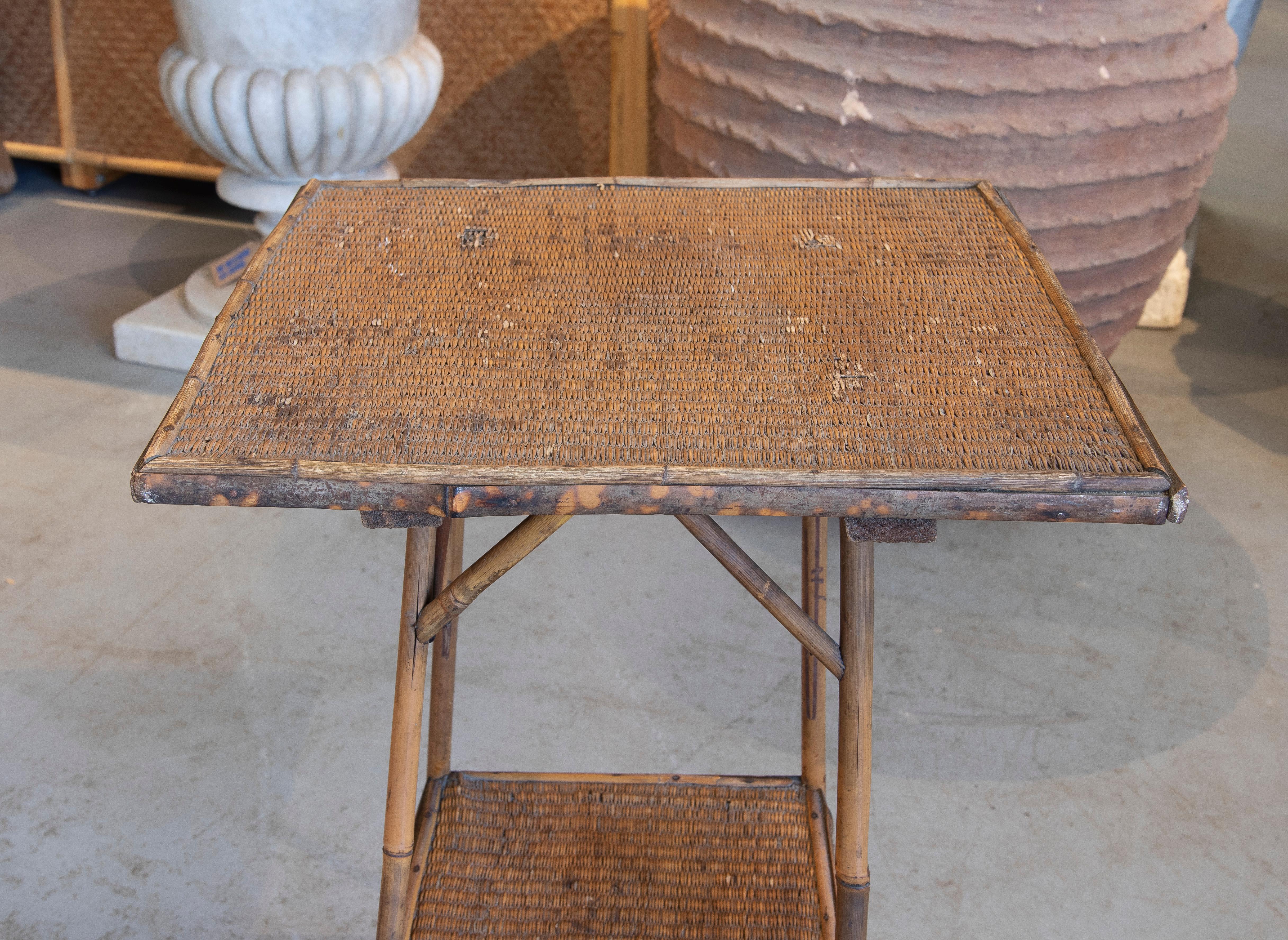 1950s Chinese Bamboo & Woven Wicker 1-Shelf Tall Side Table For Sale 1