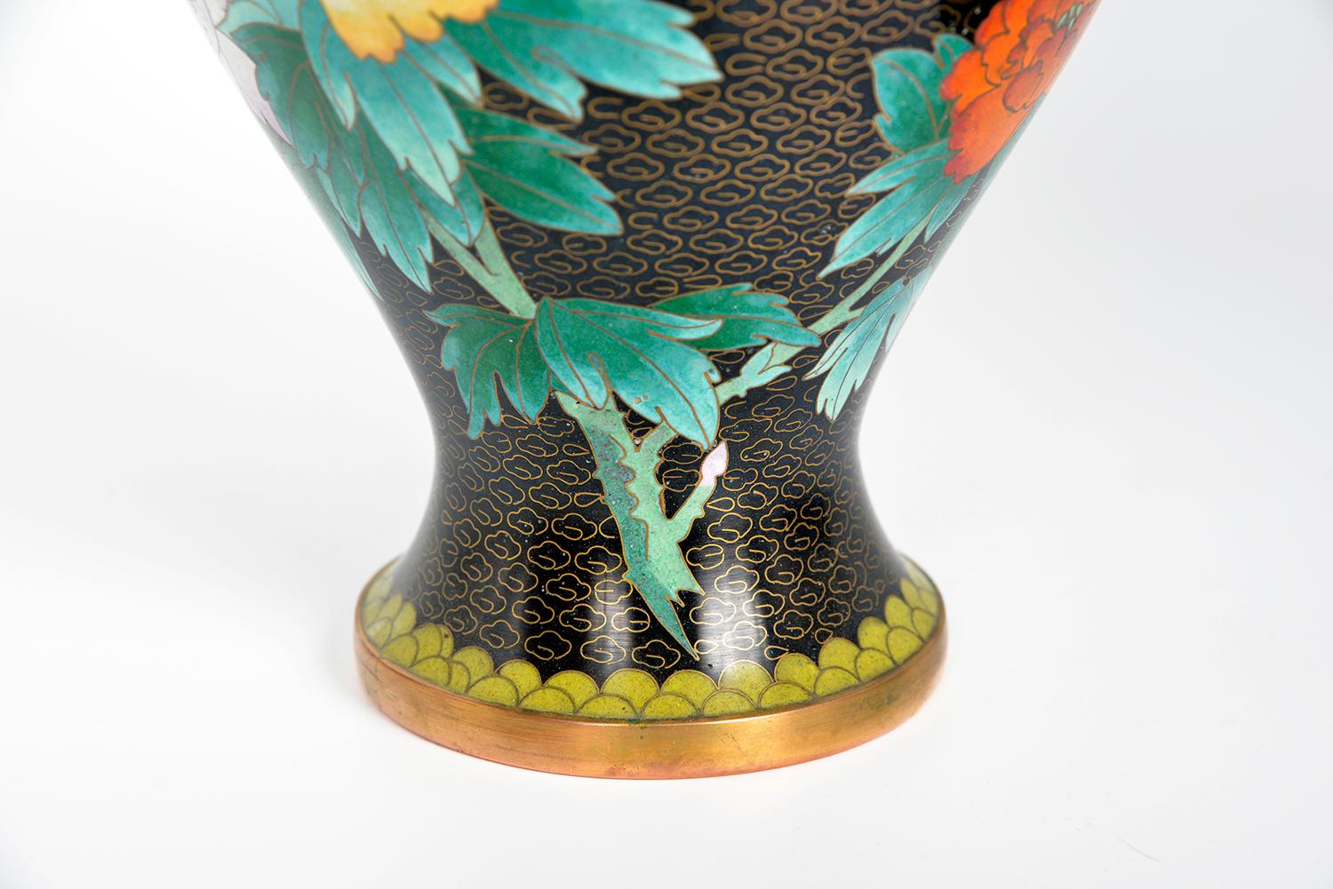  1950s Chinese Black Gold Cloisonne Brass Vase Zi Jin Cheng Birds Flowers Orient 2