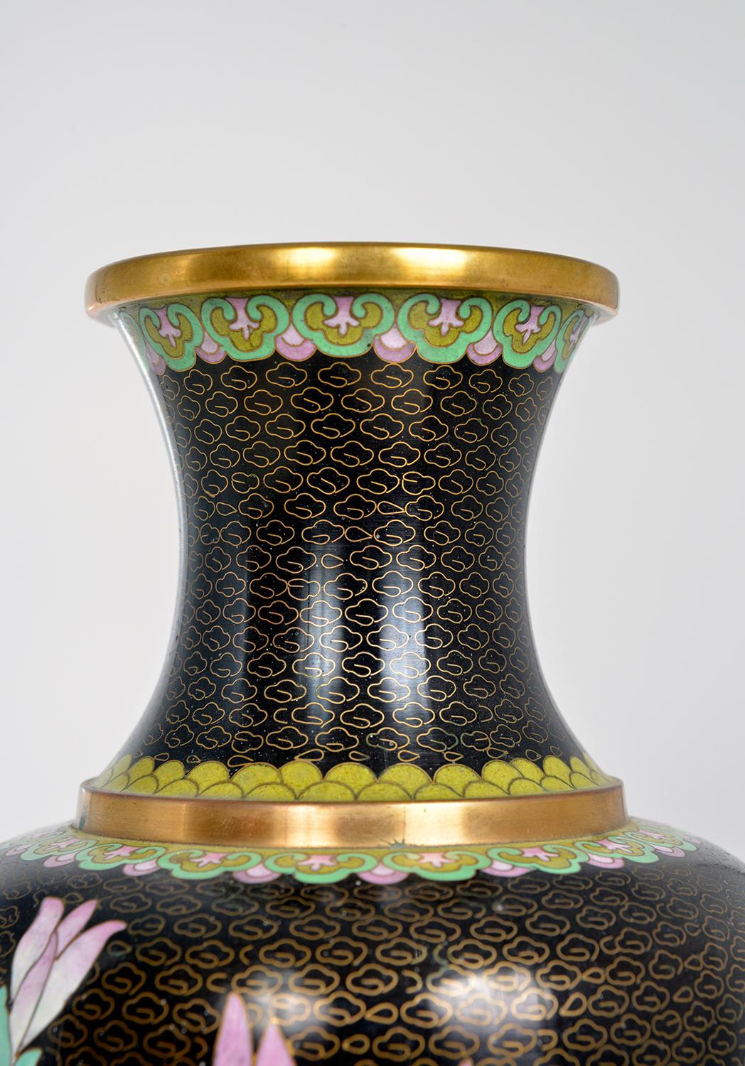  1950s Chinese Black Gold Cloisonne Brass Vase Zi Jin Cheng Birds Flowers Orient 3