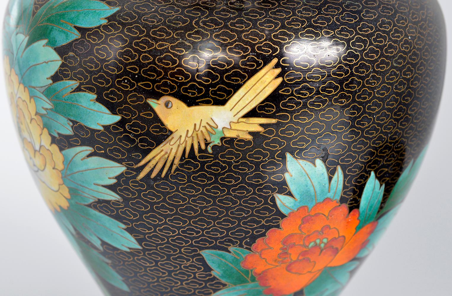  1950s Chinese Black Gold Cloisonne Brass Vase Zi Jin Cheng Birds Flowers Orient 5