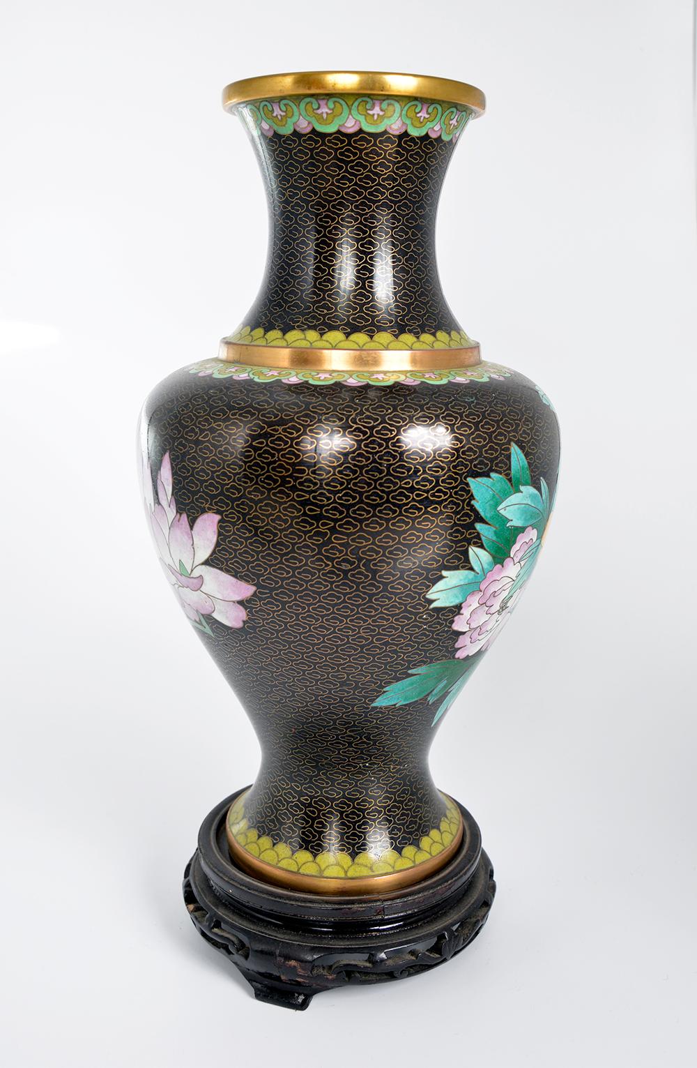 Chinese Export  1950s Chinese Black Gold Cloisonne Brass Vase Zi Jin Cheng Birds Flowers Orient