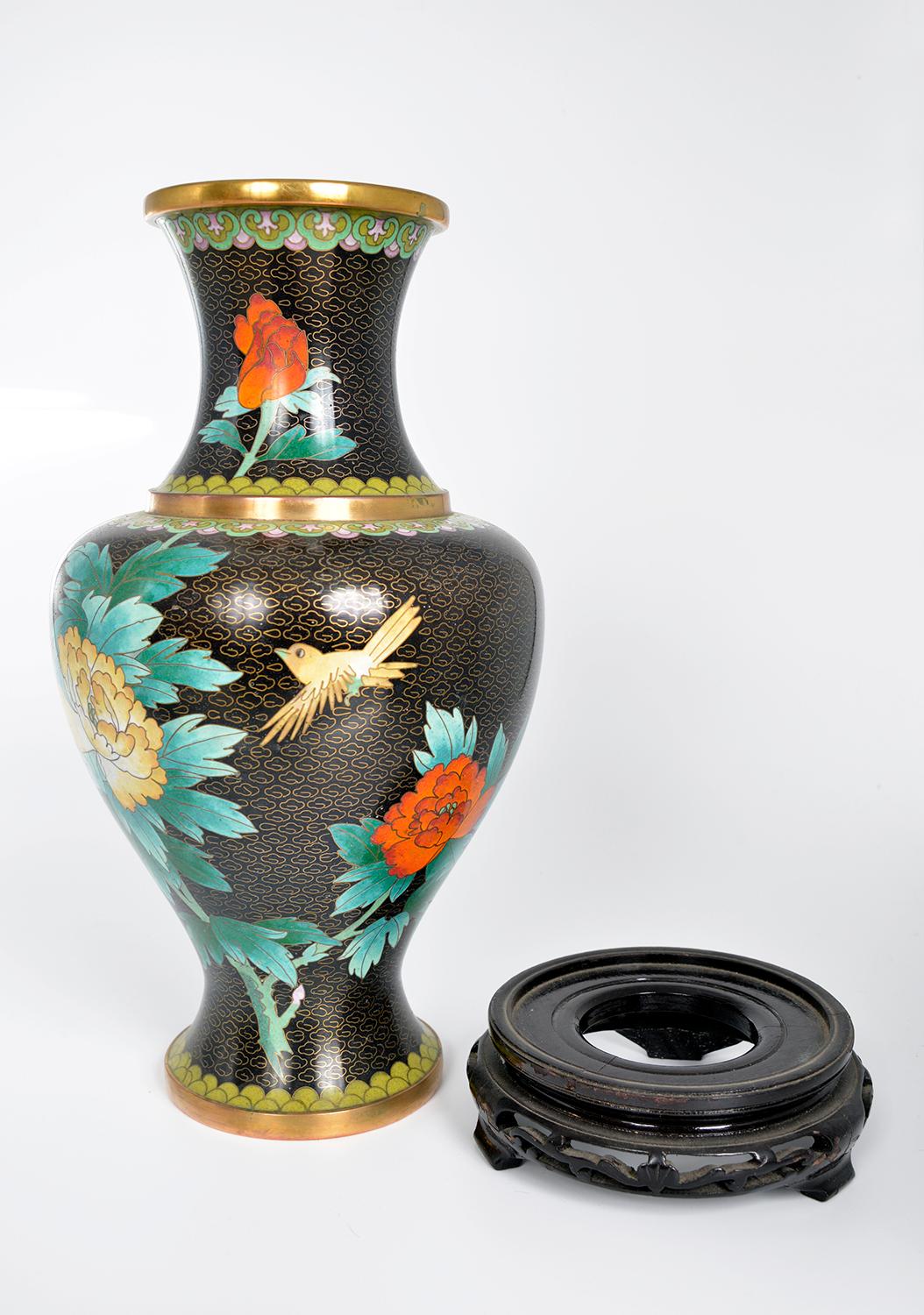 Cloissoné  1950s Chinese Black Gold Cloisonne Brass Vase Zi Jin Cheng Birds Flowers Orient