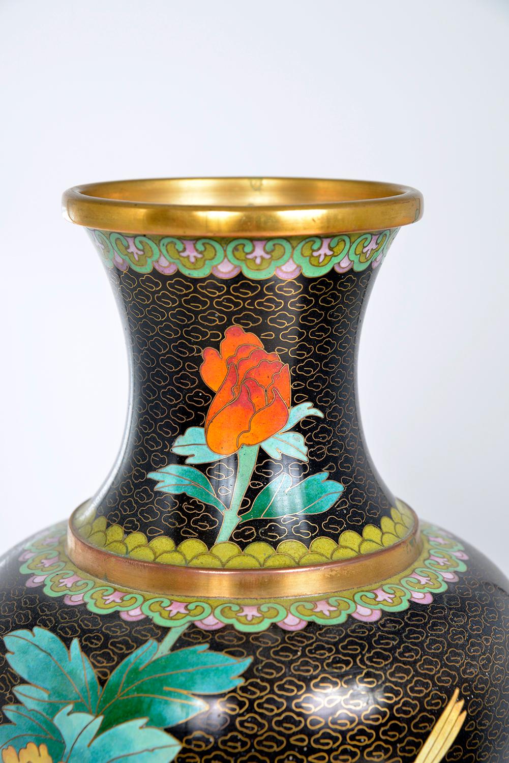 20th Century  1950s Chinese Black Gold Cloisonne Brass Vase Zi Jin Cheng Birds Flowers Orient
