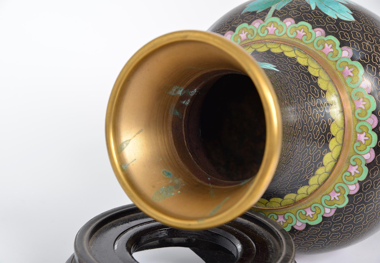 1950s Chinese Black Gold Cloisonne Brass Vase Zi Jin Cheng Birds Flowers Orient 1