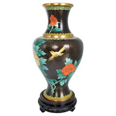 Vintage  1950s Chinese Black Gold Cloisonne Brass Vase Zi Jin Cheng Birds Flowers Orient
