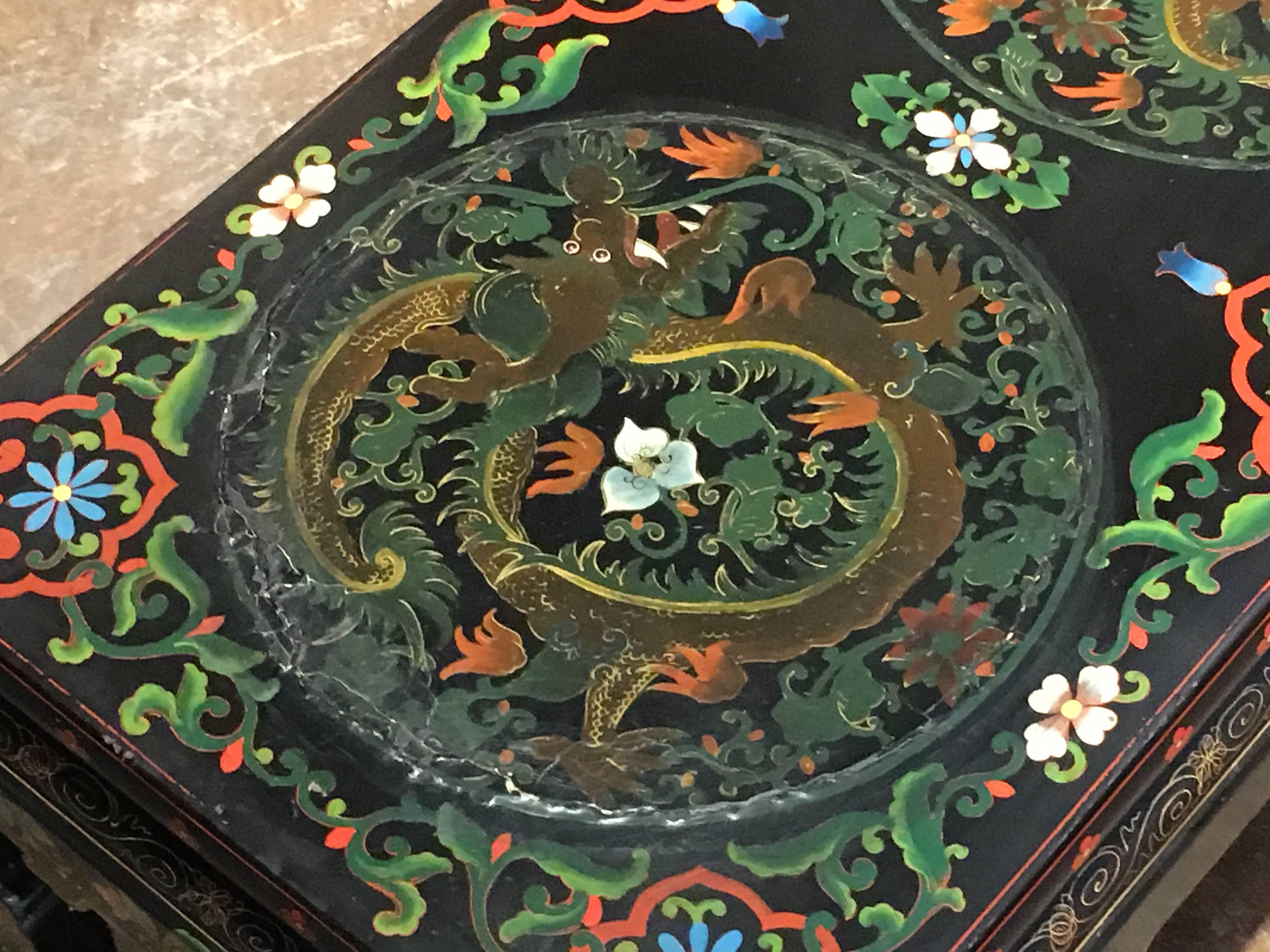 1950s Chinese Black Lacquer Painted Dragon Coffee Table or Bench 2